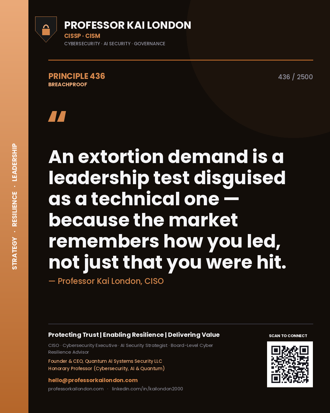 Professor Kai London principle 436: An extortion demand is a leadership test disguised as a technical one — because the market remembers how you led, not just that you were hit.