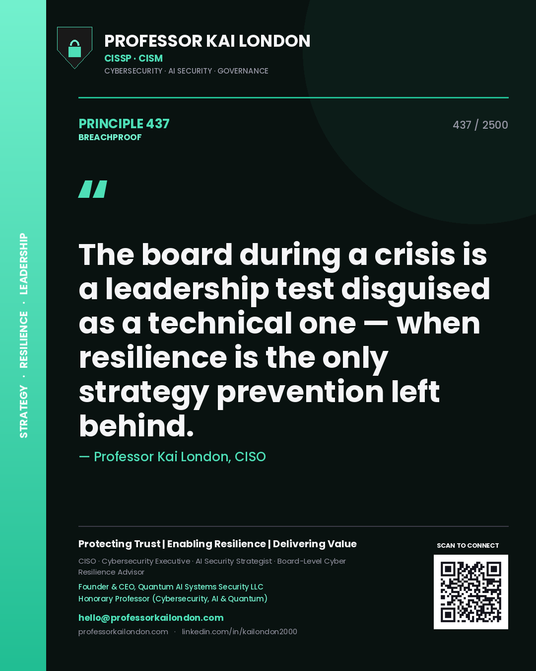 Quote card by Professor Kai London reading 'The board during a crisis is a leadership test disguised as a technical one — when resilience is the only strategy prevention left behind.'. From the book Breachproof.