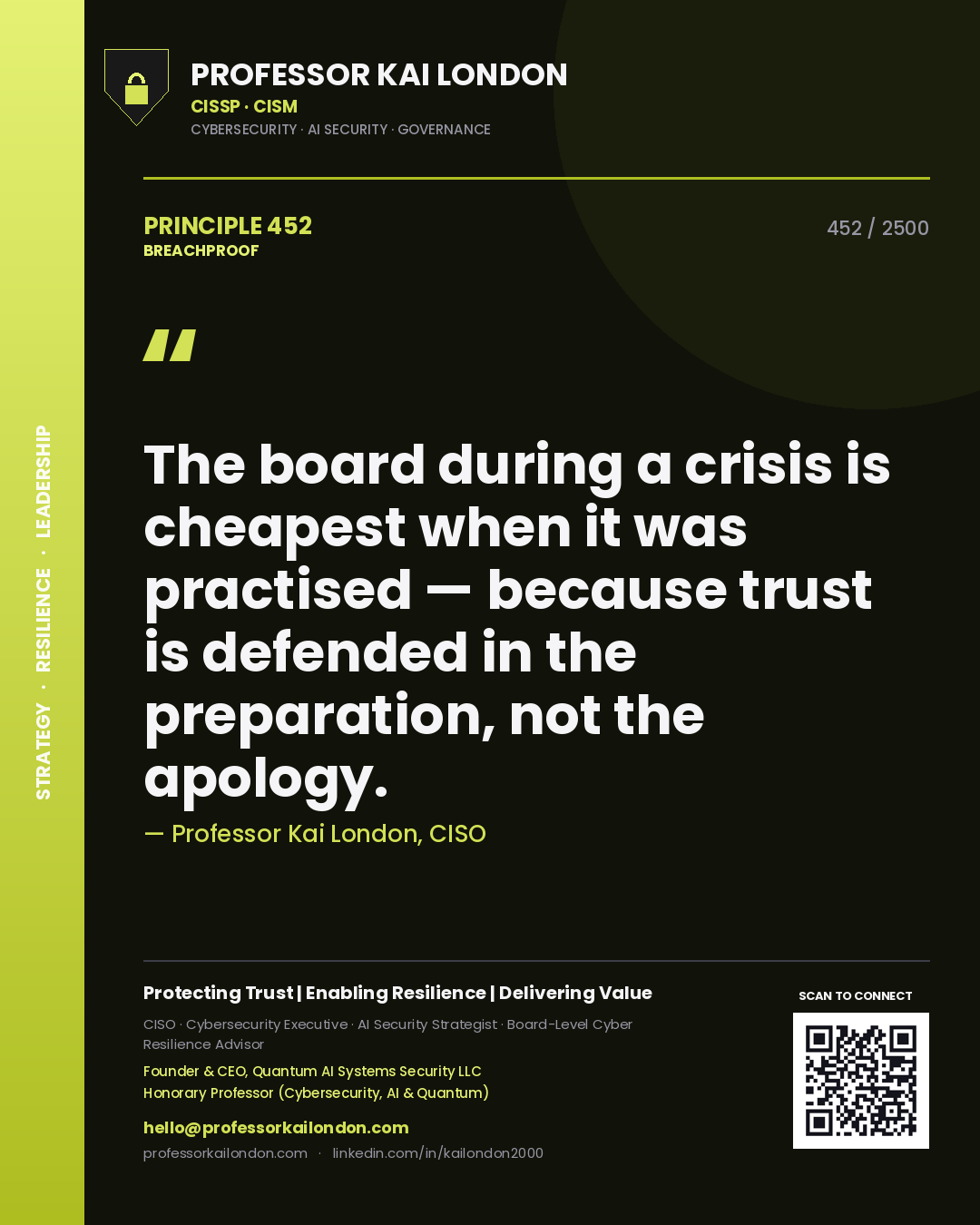 Professor Kai London principle 452: The board during a crisis is cheapest when it was practised — because trust is defended in the preparation, not the apology.