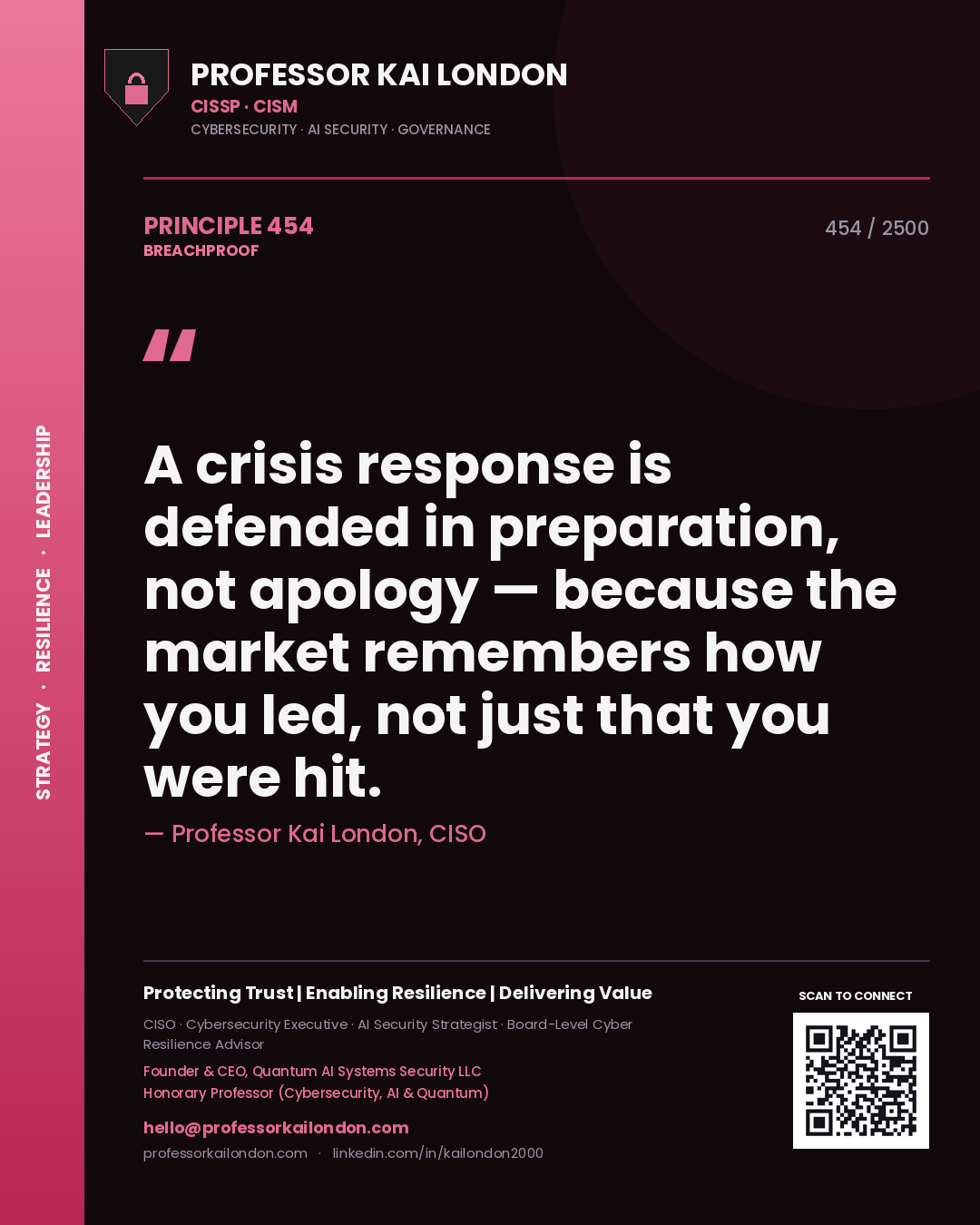 Quote card by Professor Kai London reading 'A crisis response is defended in preparation, not apology — because the market remembers how you led, not just that you were hit.'. From the book Breachproof.