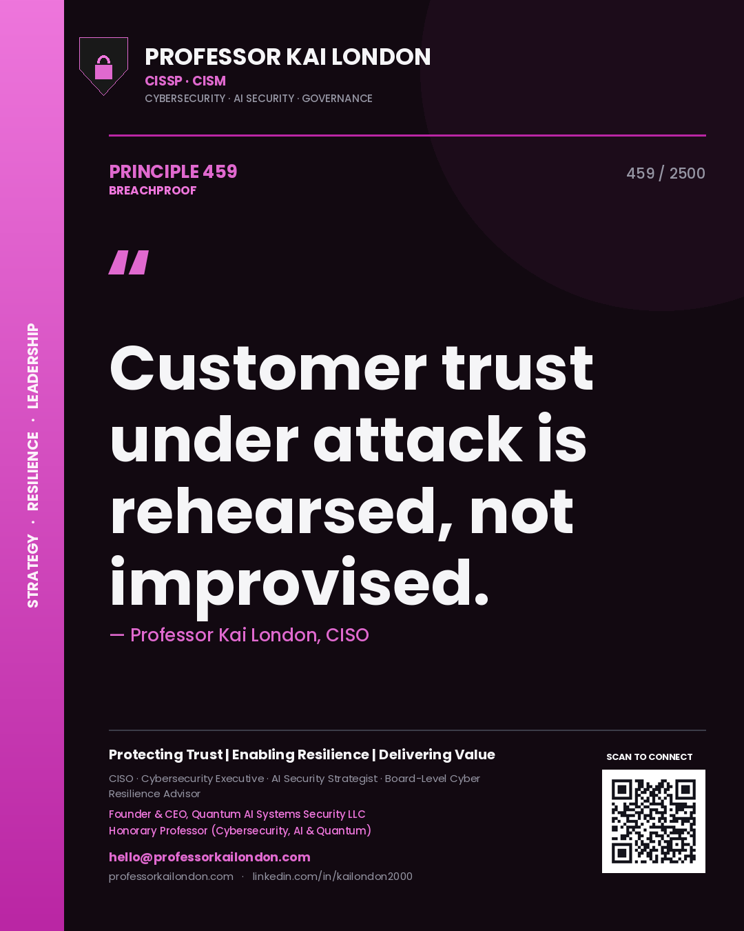 Quote card by Professor Kai London reading 'Customer trust under attack is rehearsed, not improvised.'. From the book Breachproof.