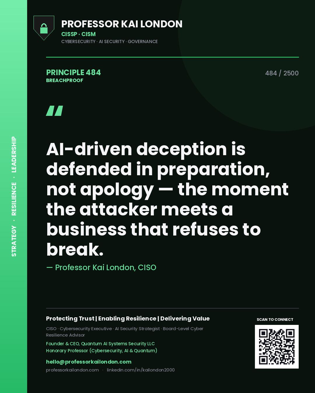 Quote card by Professor Kai London reading 'AI-driven deception is defended in preparation, not apology — the moment the attacker meets a business that refuses to break.'. From the book Breachproof.