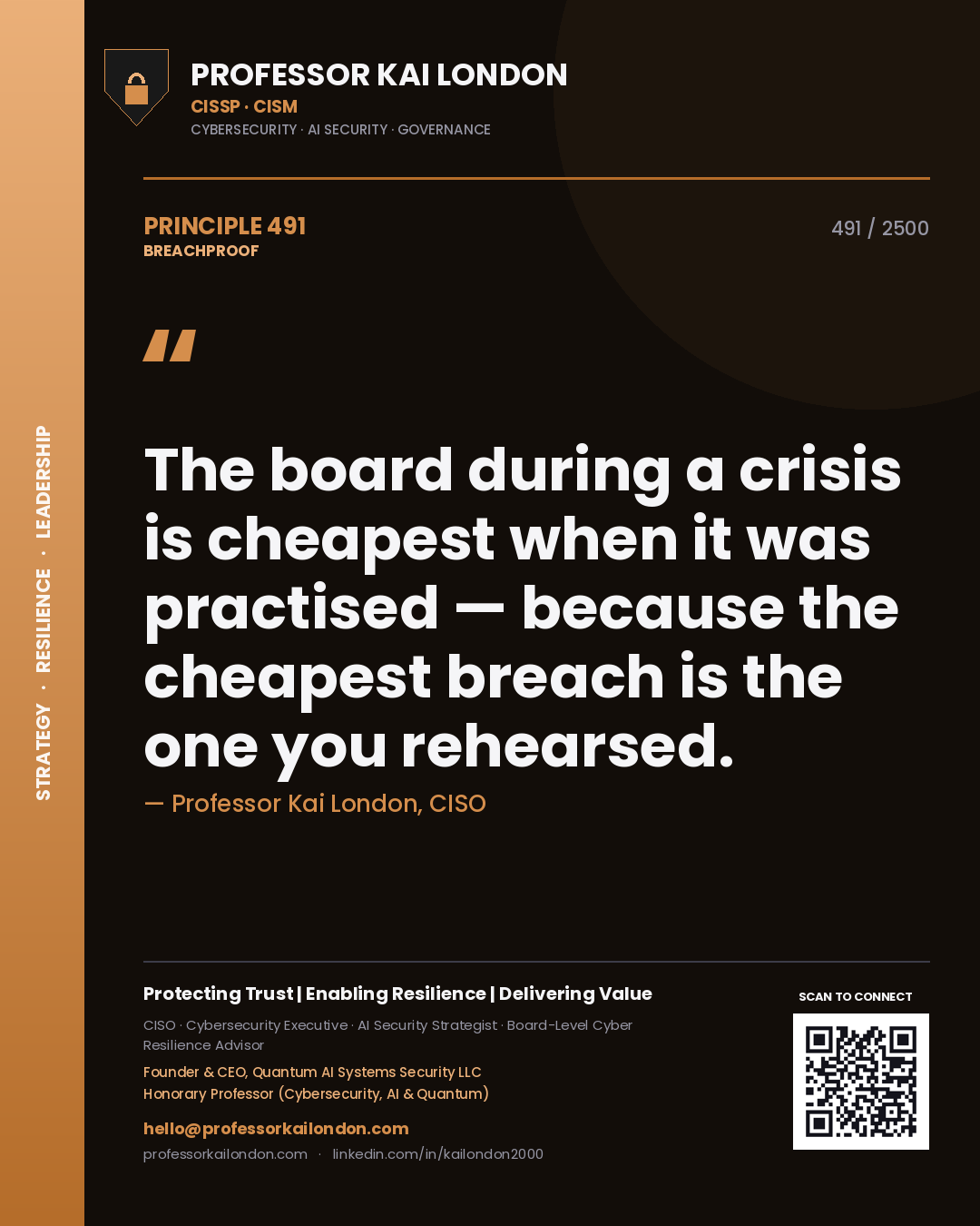 Quote card by Professor Kai London reading 'The board during a crisis is cheapest when it was practised — because the cheapest breach is the one you rehearsed.'. From the book Breachproof.