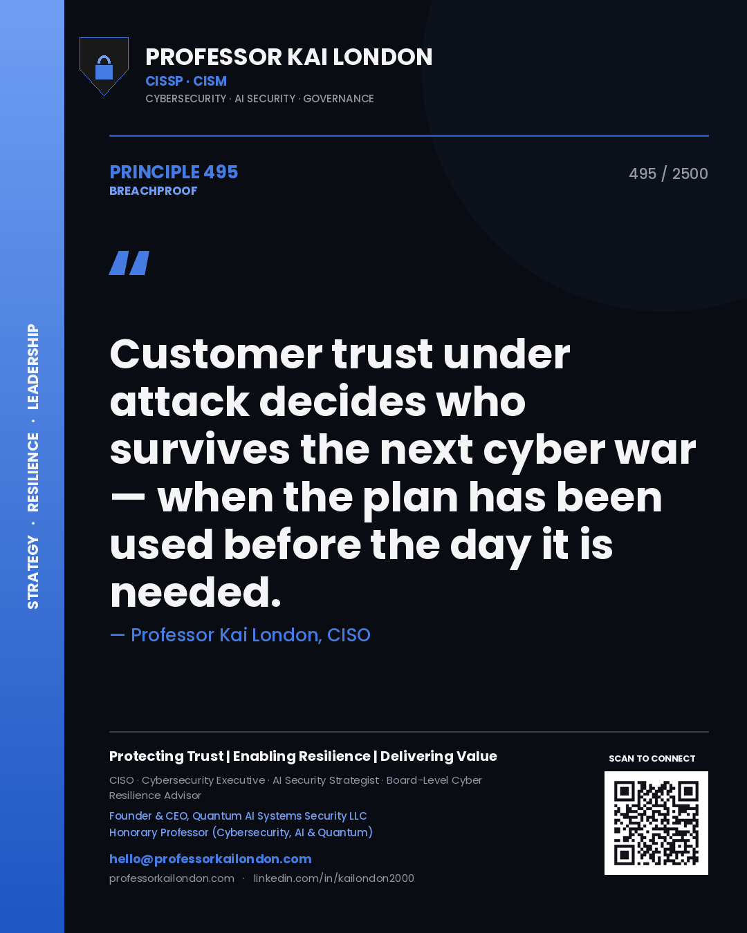 Quote card by Professor Kai London reading 'Customer trust under attack decides who survives the next cyber war — when the plan has been used before the day it is needed.'. From the book Breachproof.