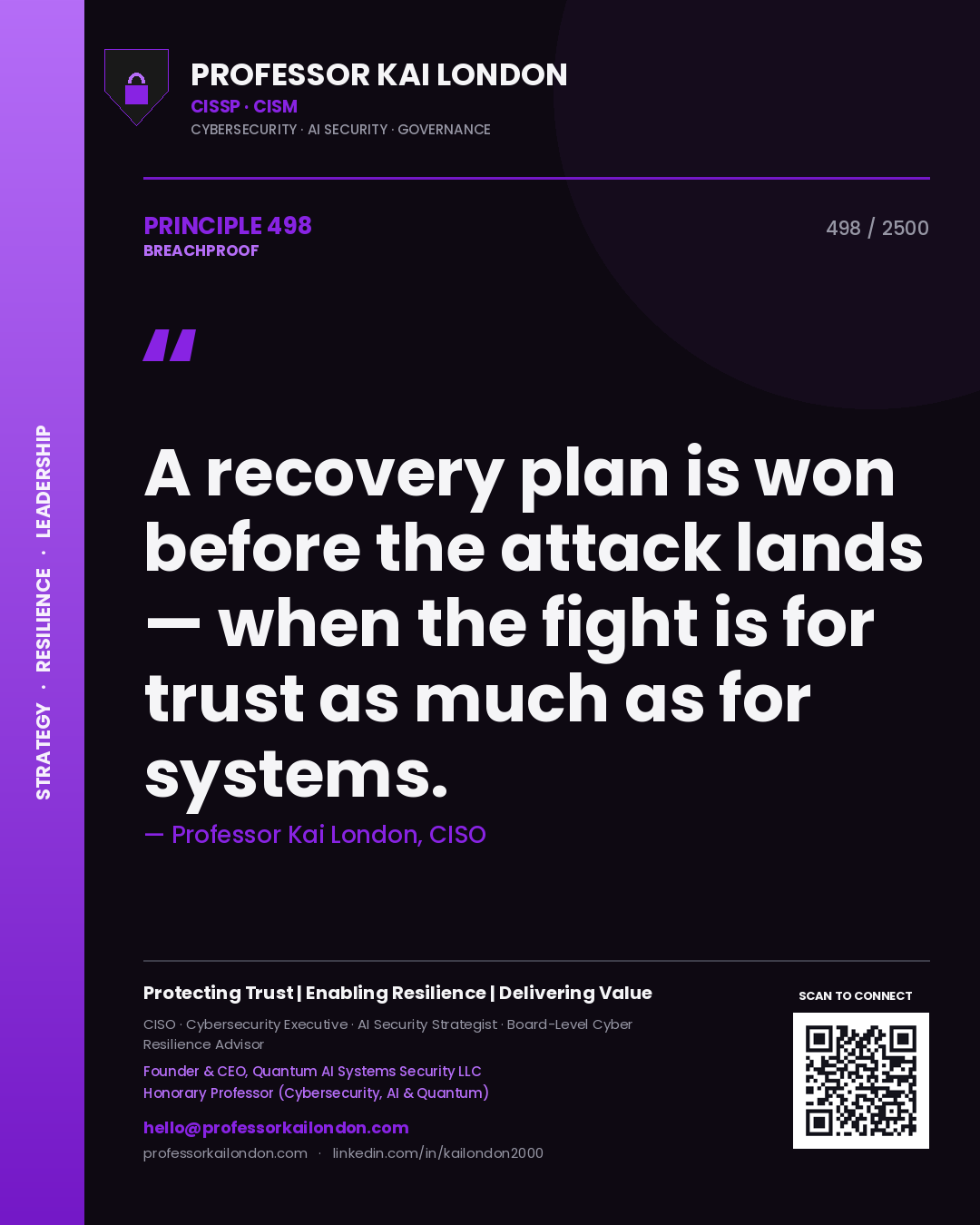 Professor Kai London principle 498: A recovery plan is won before the attack lands — when the fight is for trust as much as for systems.