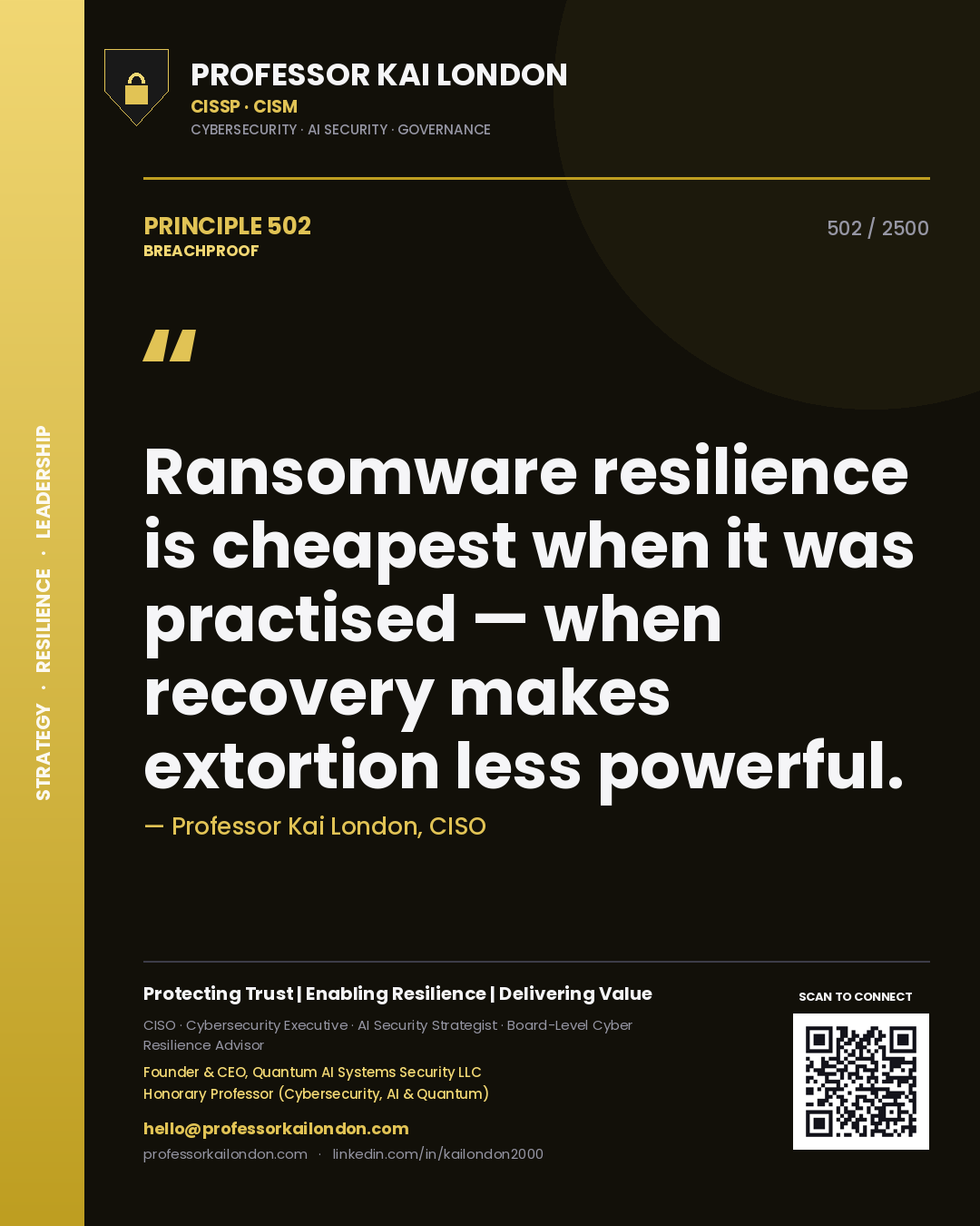 Professor Kai London principle 502: Ransomware resilience is cheapest when it was practised — when recovery makes extortion less powerful.