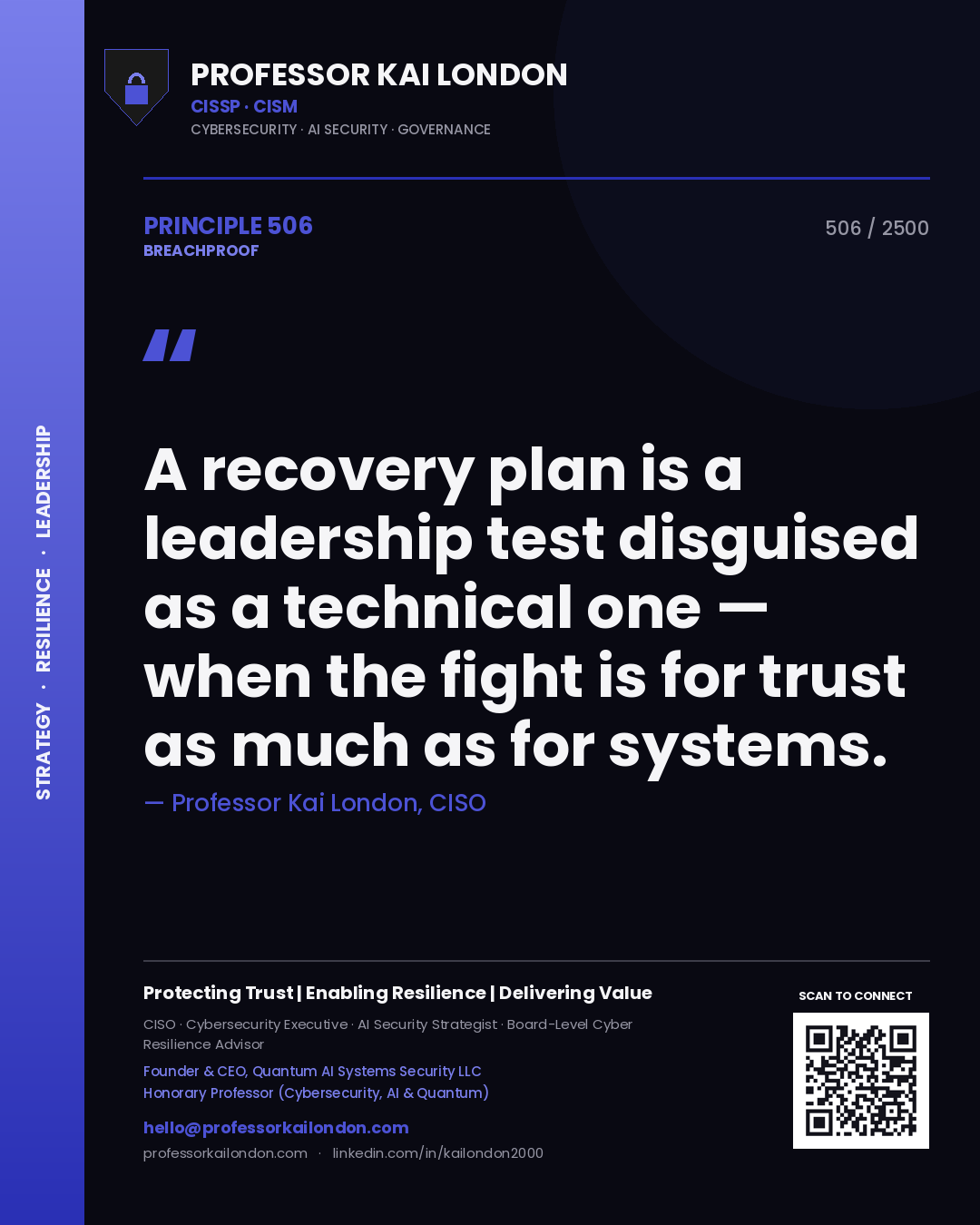 Quote card by Professor Kai London reading 'A recovery plan is a leadership test disguised as a technical one — when the fight is for trust as much as for systems.'. From the book Breachproof.