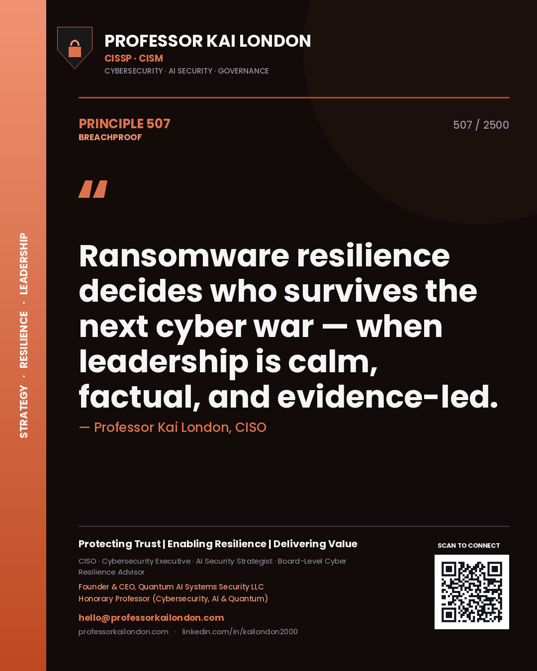 Professor Kai London principle 507: Ransomware resilience decides who survives the next cyber war — when leadership is calm, factual, and evidence-led.