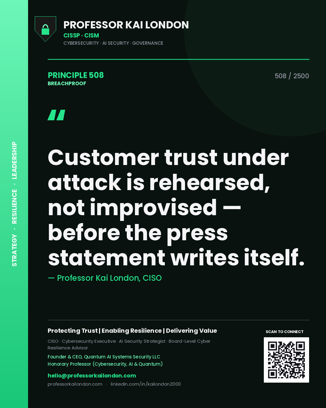 Quote card by Professor Kai London reading 'Customer trust under attack is rehearsed, not improvised — before the press statement writes itself.'. From the book Breachproof.