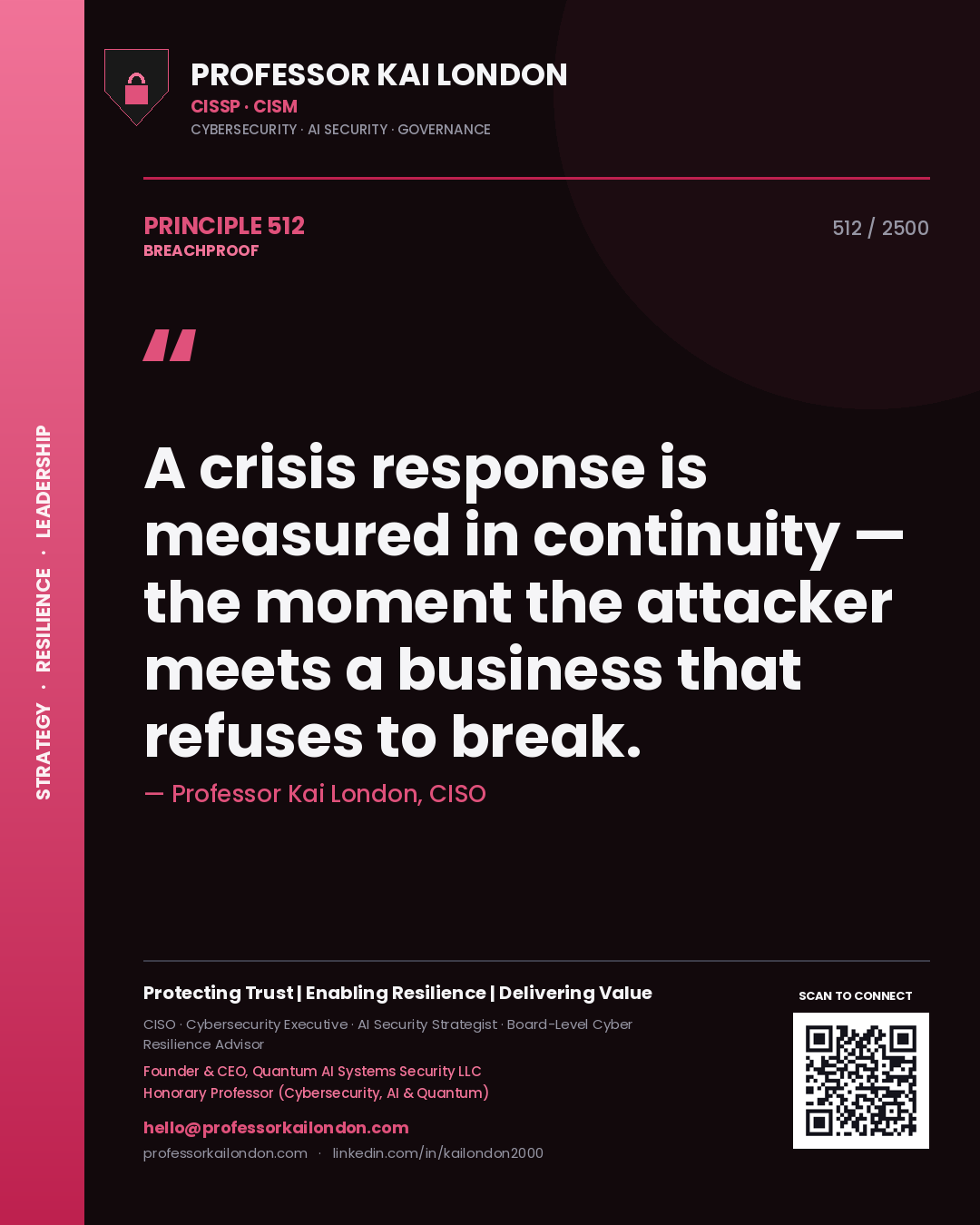 Professor Kai London principle 512: A crisis response is measured in continuity — the moment the attacker meets a business that refuses to break.