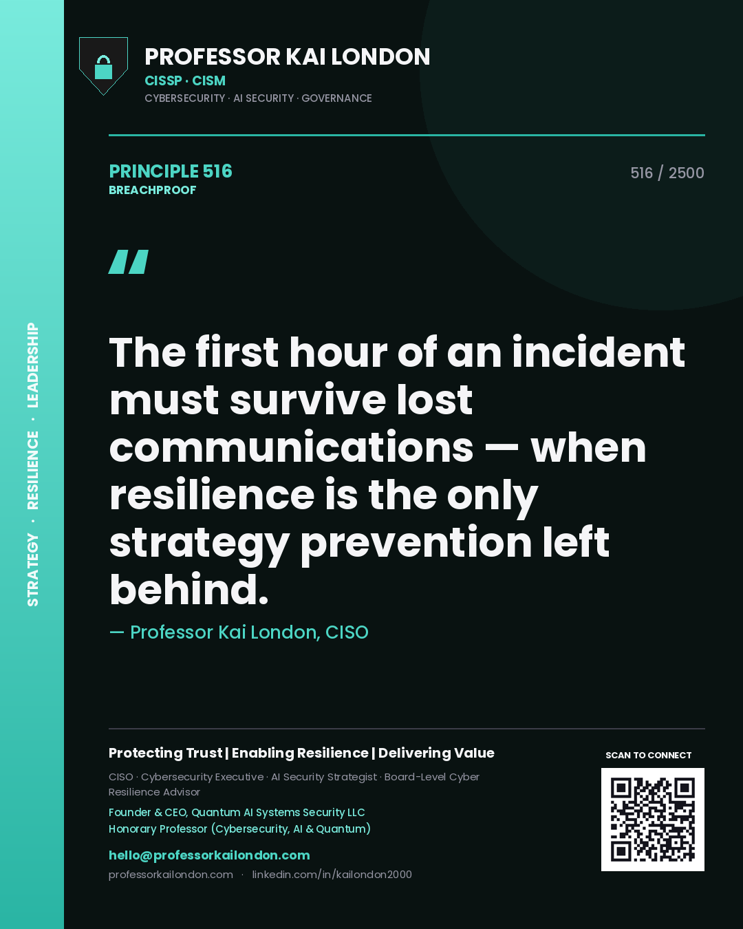 Quote card by Professor Kai London reading 'The first hour of an incident must survive lost communications — when resilience is the only strategy prevention left behind.'. From the book Breachproof.