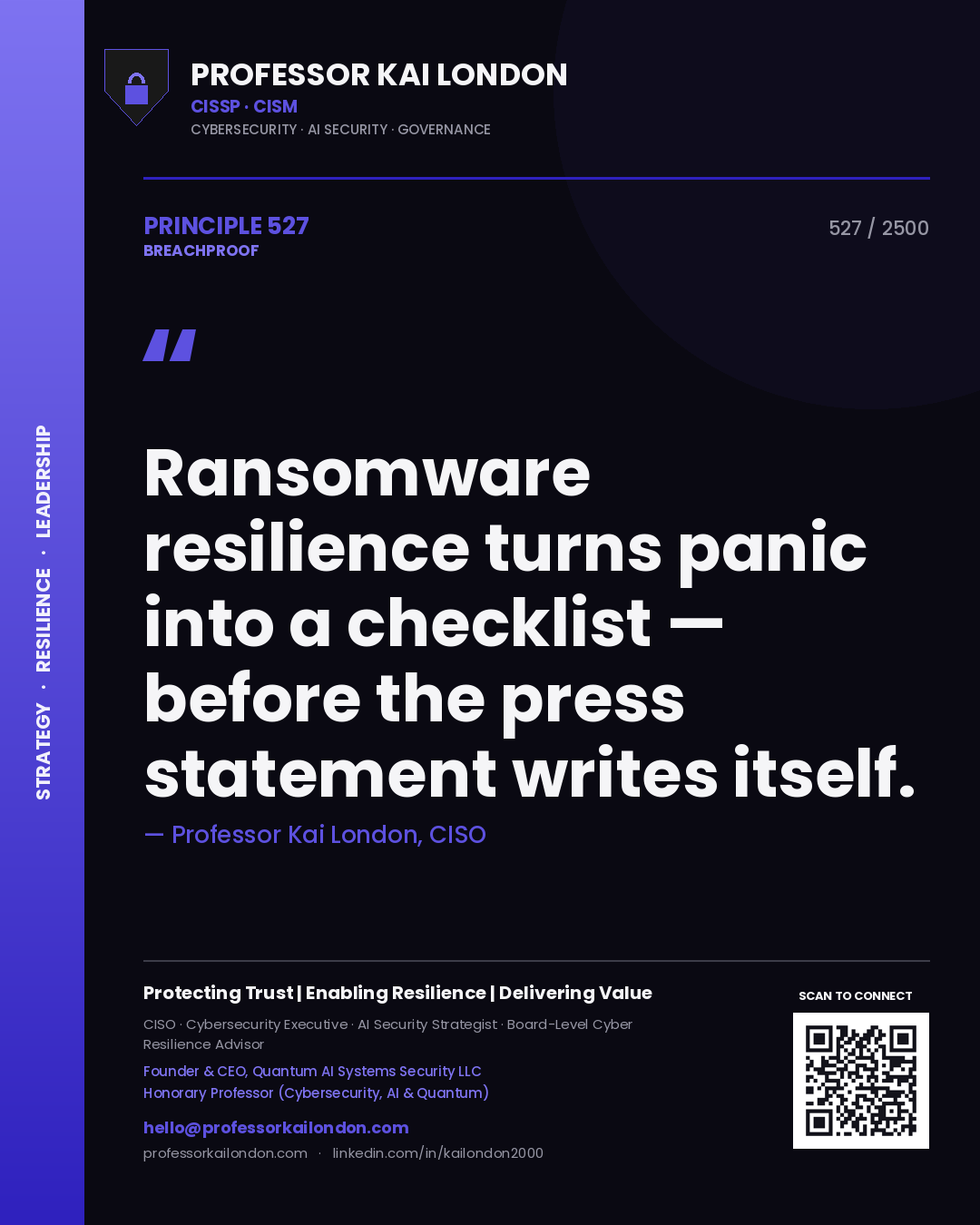 Professor Kai London principle 527: Ransomware resilience turns panic into a checklist — before the press statement writes itself.
