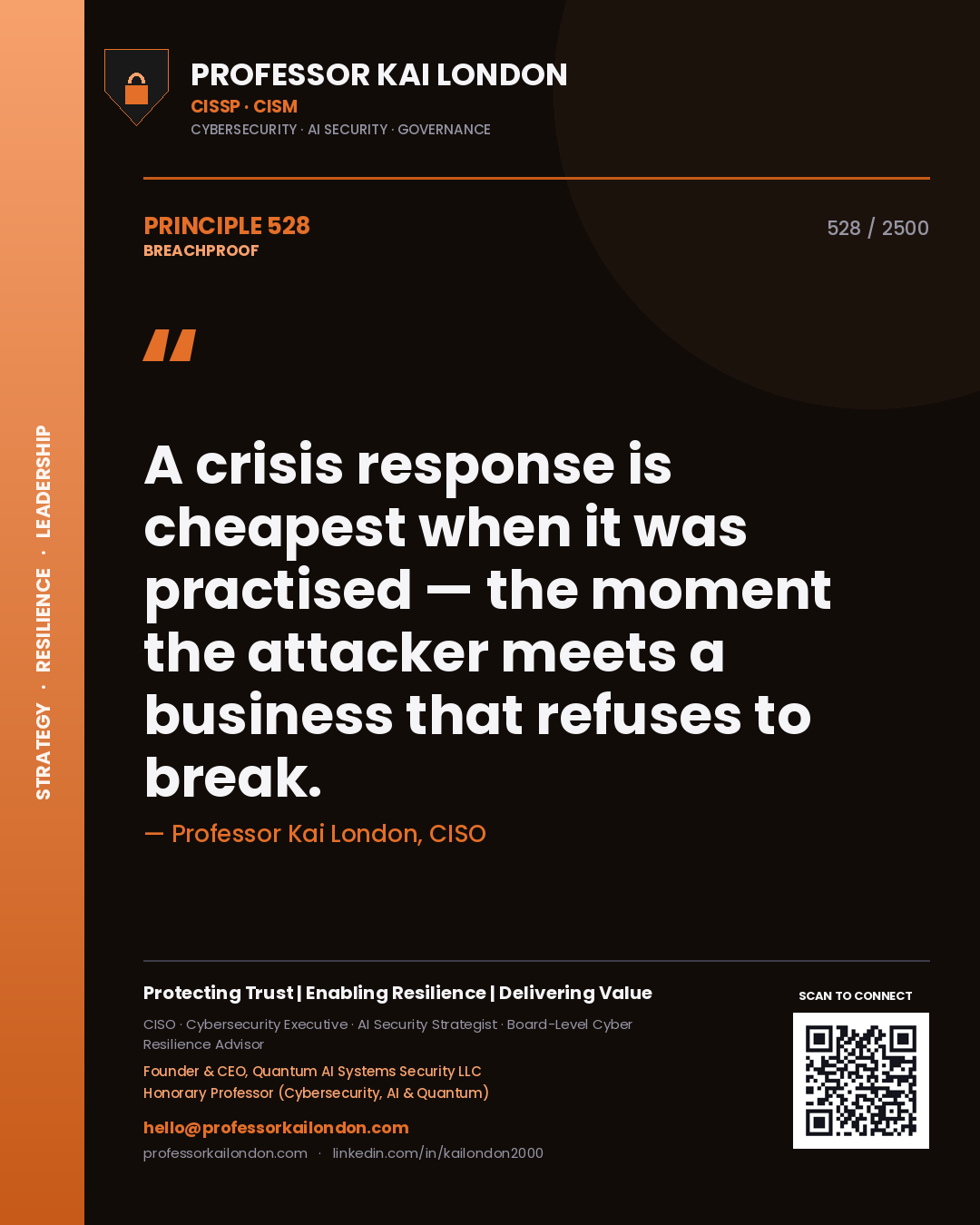 Quote card by Professor Kai London reading 'A crisis response is cheapest when it was practised — the moment the attacker meets a business that refuses to break.'. From the book Breachproof.