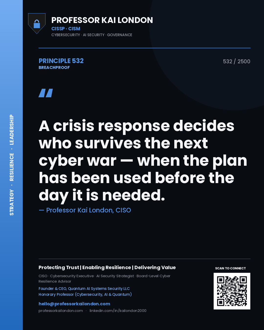 Quote card by Professor Kai London reading 'A crisis response decides who survives the next cyber war — when the plan has been used before the day it is needed.'. From the book Breachproof.