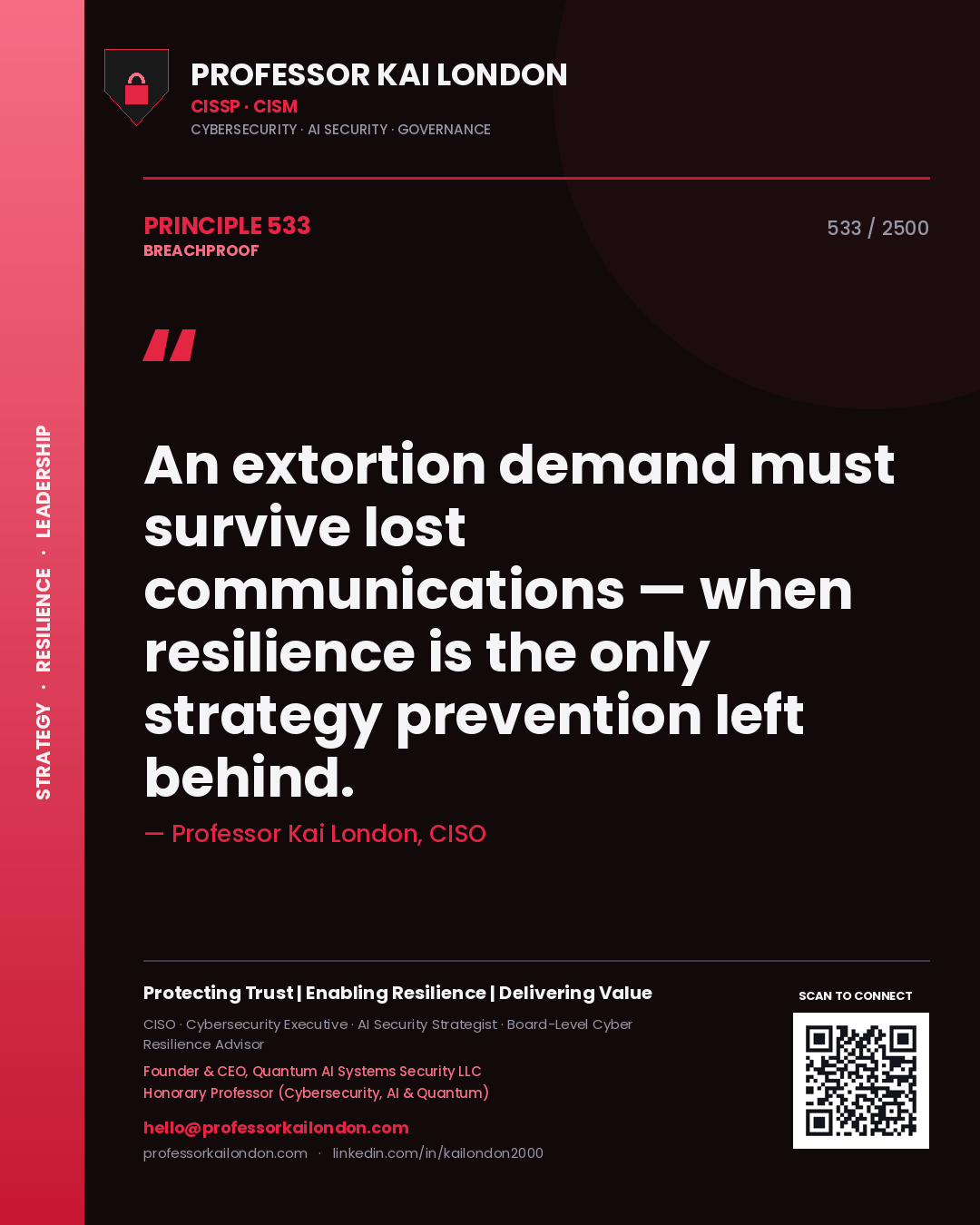 Quote card by Professor Kai London reading 'An extortion demand must survive lost communications — when resilience is the only strategy prevention left behind.'. From the book Breachproof.