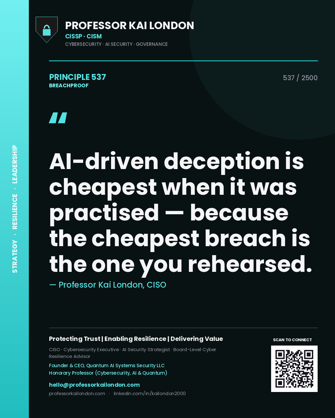Professor Kai London principle 537: AI-driven deception is cheapest when it was practised — because the cheapest breach is the one you rehearsed.