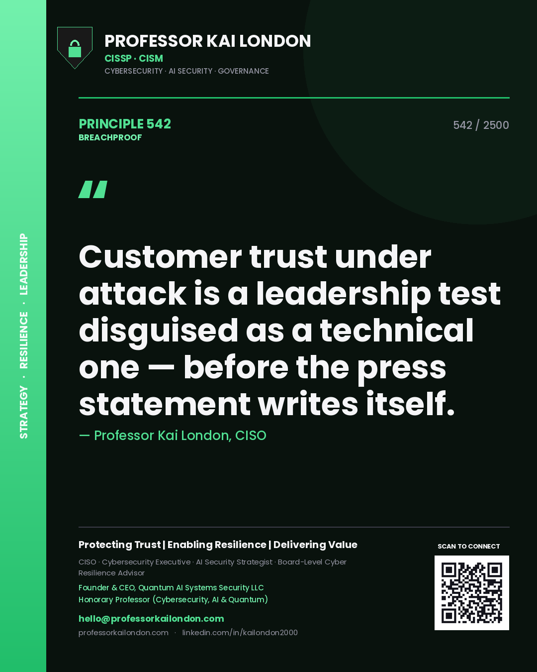 Quote card by Professor Kai London reading 'Customer trust under attack is a leadership test disguised as a technical one — before the press statement writes itself.'. From the book Breachproof.