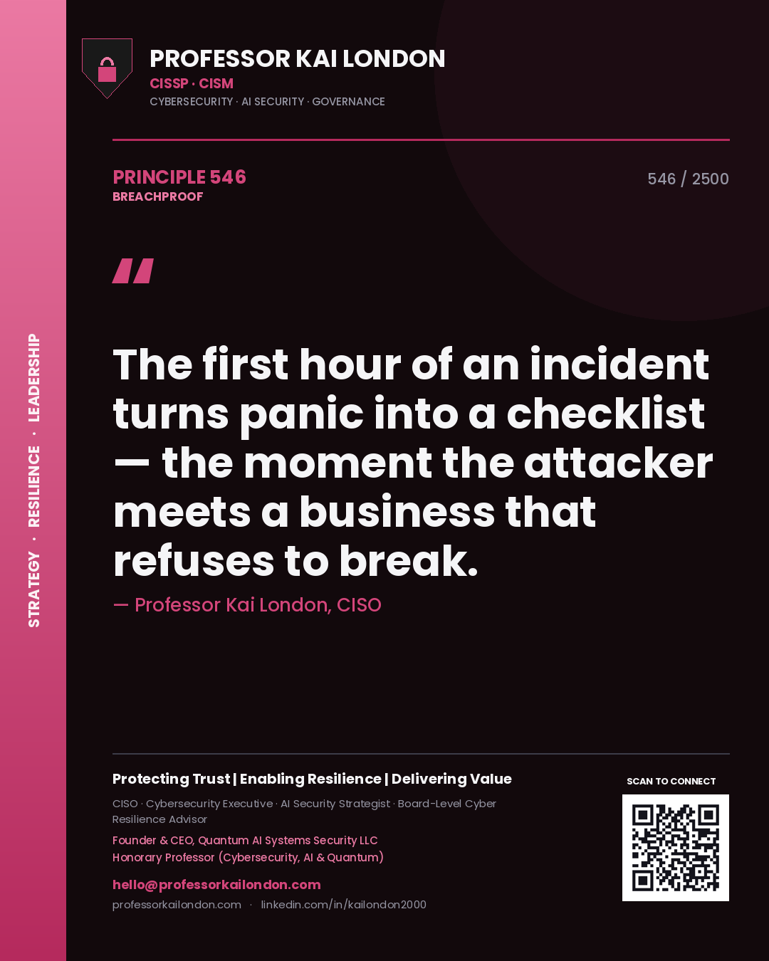 Professor Kai London principle 546: The first hour of an incident turns panic into a checklist — the moment the attacker meets a business that refuses to break.