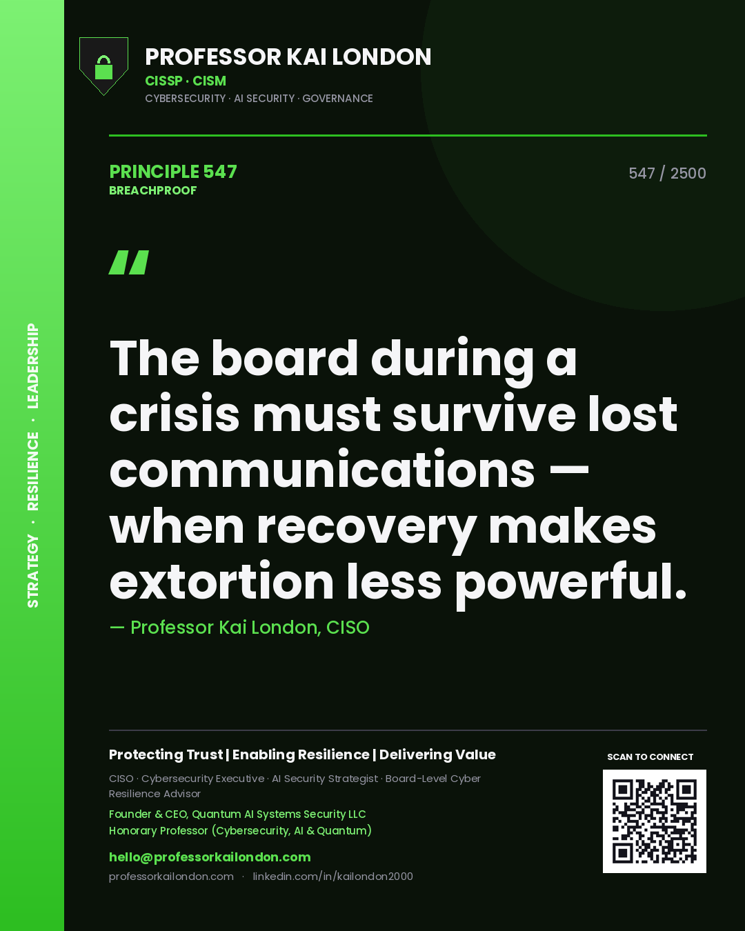 Professor Kai London principle 547: The board during a crisis must survive lost communications — when recovery makes extortion less powerful.
