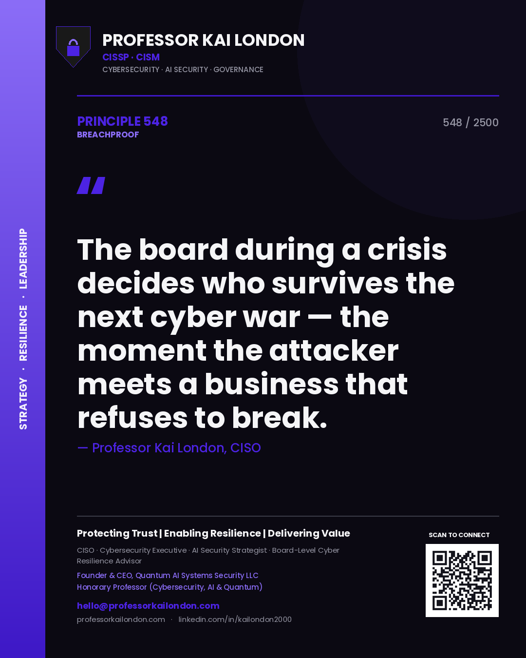 Quote card by Professor Kai London reading 'The board during a crisis decides who survives the next cyber war — the moment the attacker meets a business that refuses to break.'. From the book Breachproof.