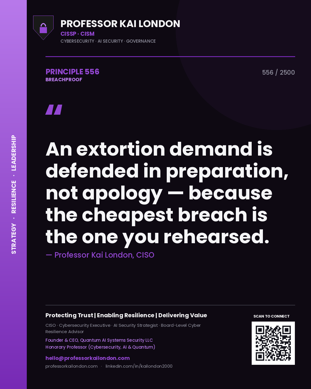 Quote card by Professor Kai London reading 'An extortion demand is defended in preparation, not apology — because the cheapest breach is the one you rehearsed.'. From the book Breachproof.