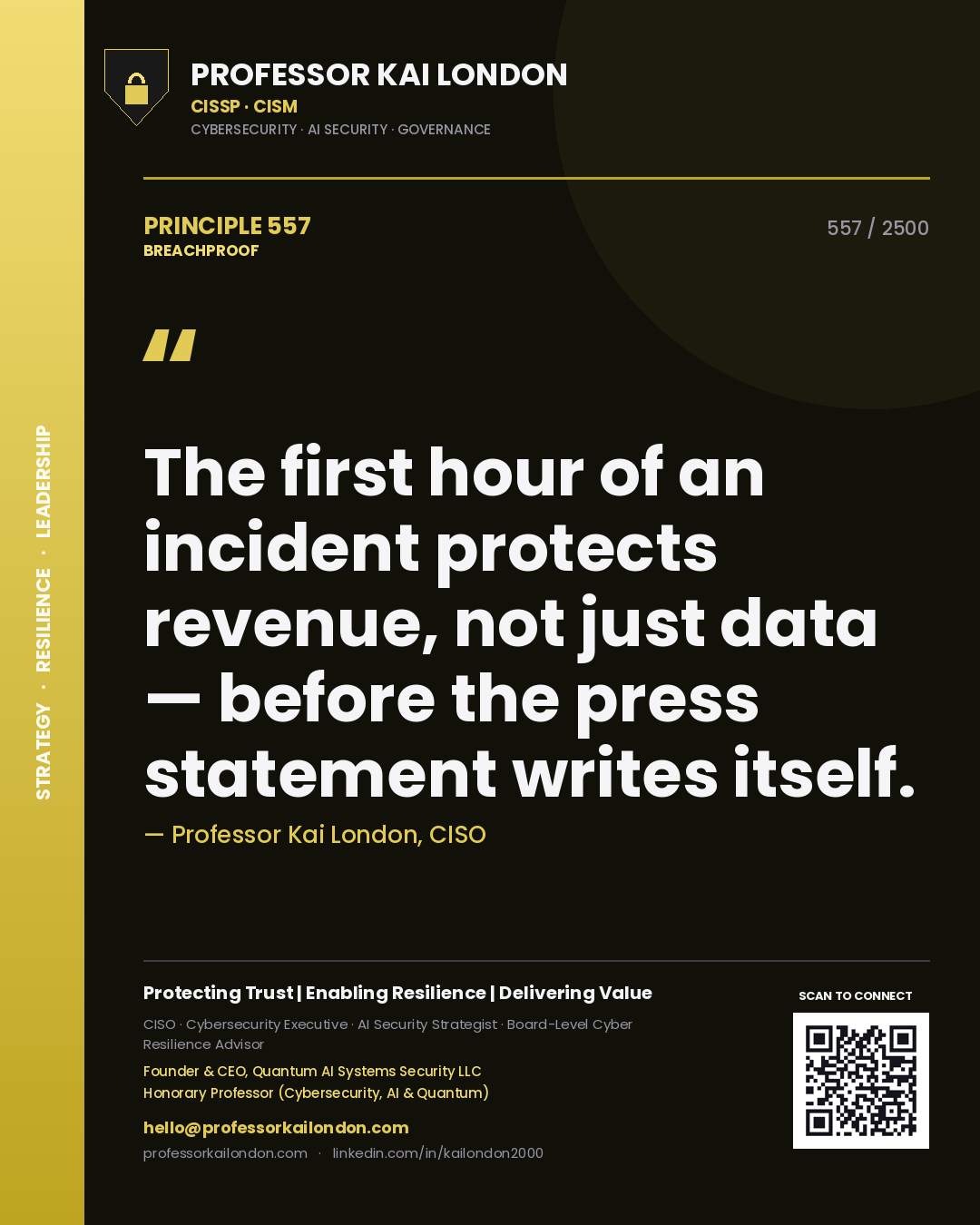 Professor Kai London principle 557: The first hour of an incident protects revenue, not just data — before the press statement writes itself.