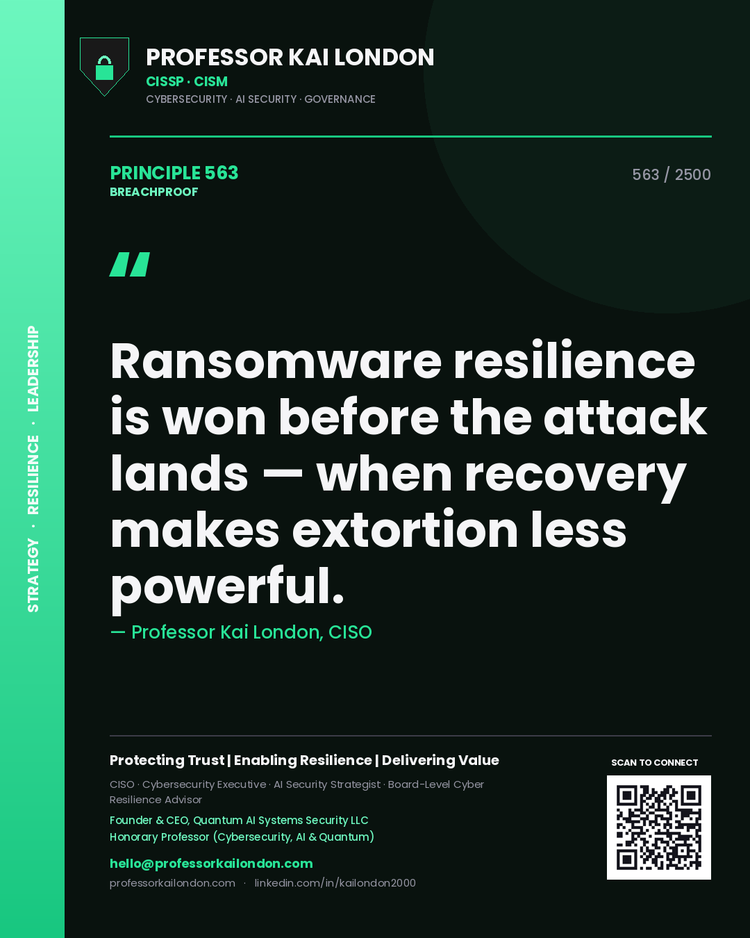 Quote card by Professor Kai London reading 'Ransomware resilience is won before the attack lands — when recovery makes extortion less powerful.'. From the book Breachproof.