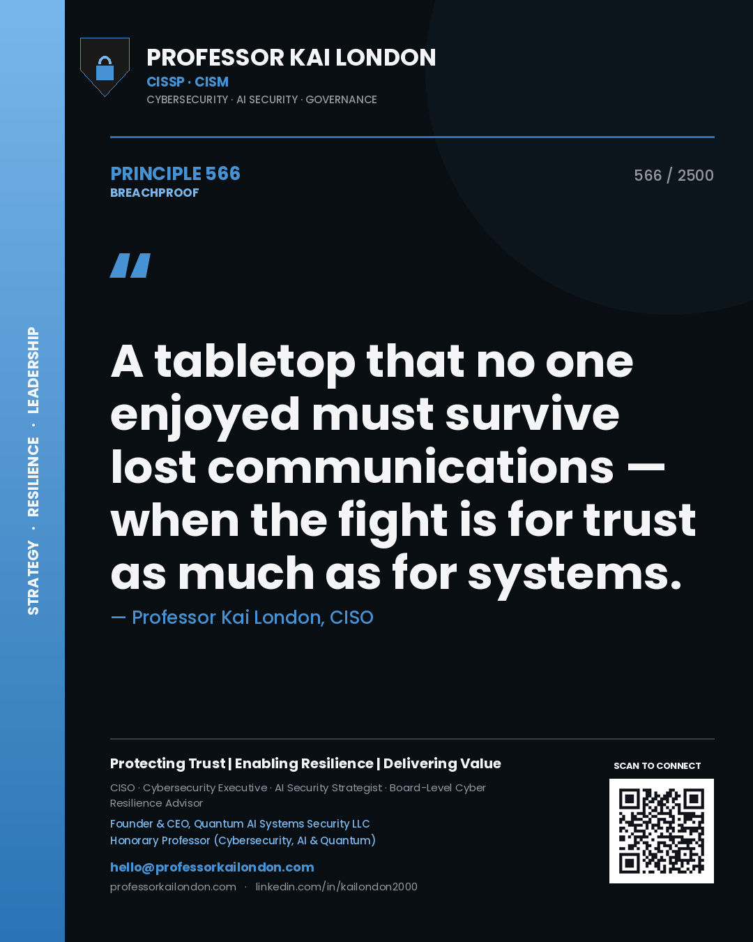 Quote card by Professor Kai London reading 'A tabletop that no one enjoyed must survive lost communications — when the fight is for trust as much as for systems.'. From the book Breachproof.