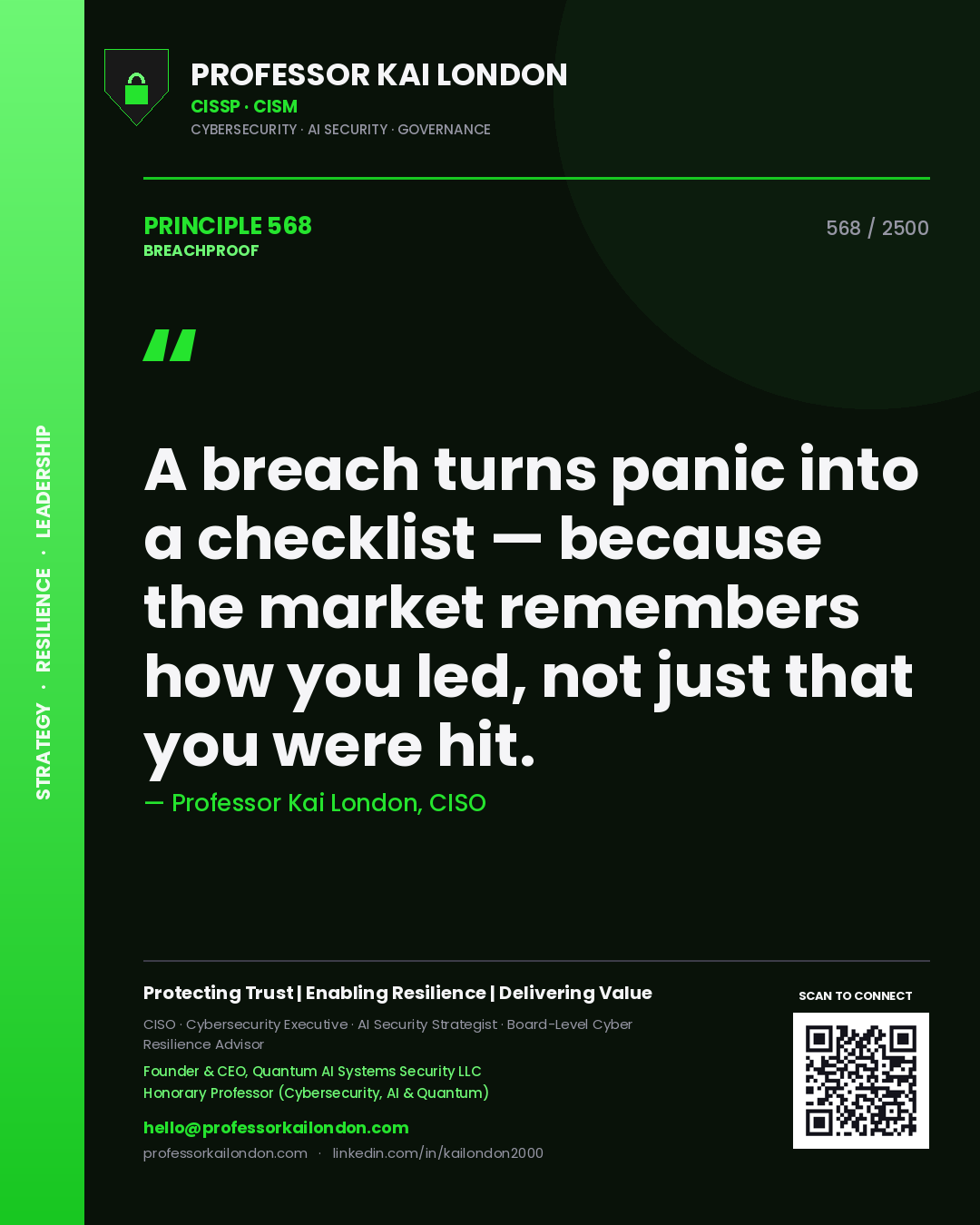 Quote card by Professor Kai London reading 'A breach turns panic into a checklist — because the market remembers how you led, not just that you were hit.'. From the book Breachproof.