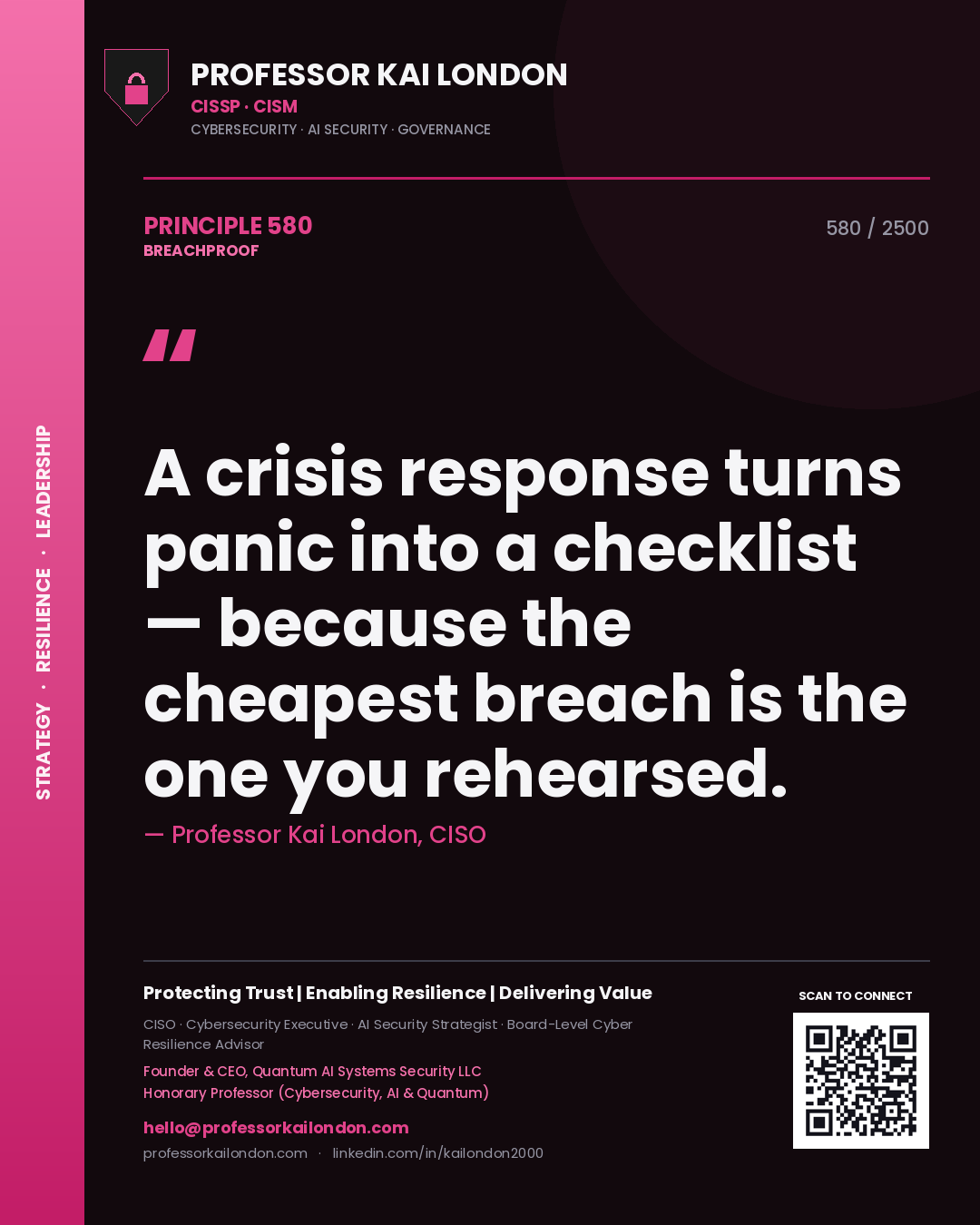 Quote card by Professor Kai London reading 'A crisis response turns panic into a checklist — because the cheapest breach is the one you rehearsed.'. From the book Breachproof.
