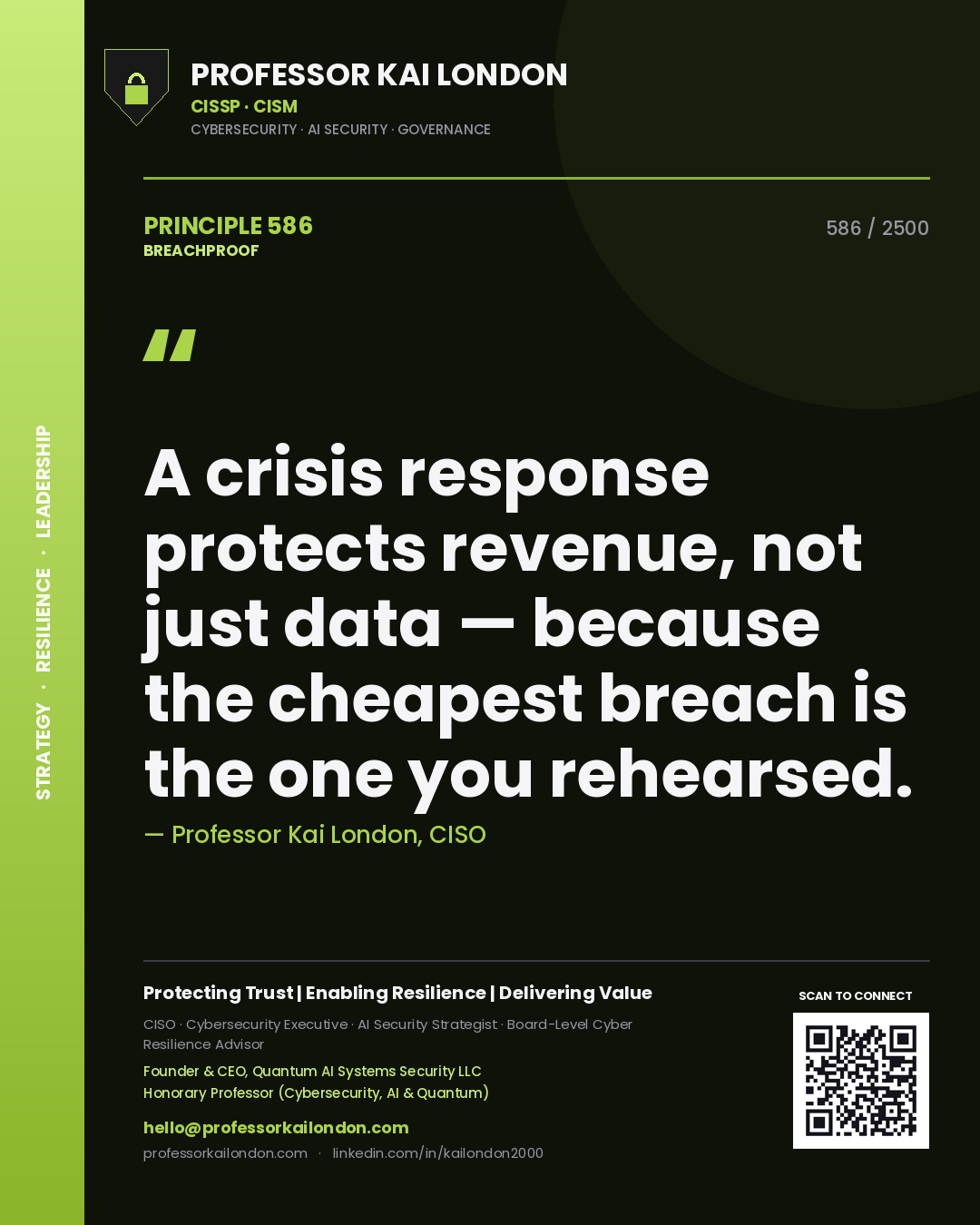 Quote card by Professor Kai London reading 'A crisis response protects revenue, not just data — because the cheapest breach is the one you rehearsed.'. From the book Breachproof.