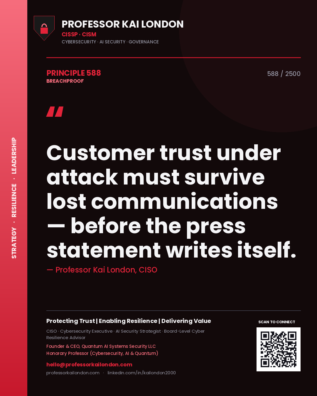 Quote card by Professor Kai London reading 'Customer trust under attack must survive lost communications — before the press statement writes itself.'. From the book Breachproof.