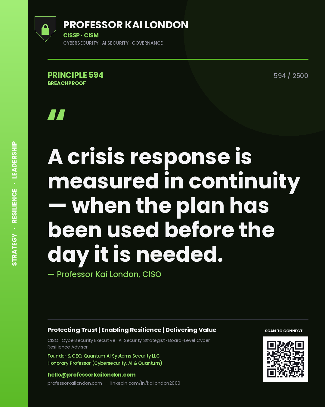Professor Kai London principle 594: A crisis response is measured in continuity — when the plan has been used before the day it is needed.