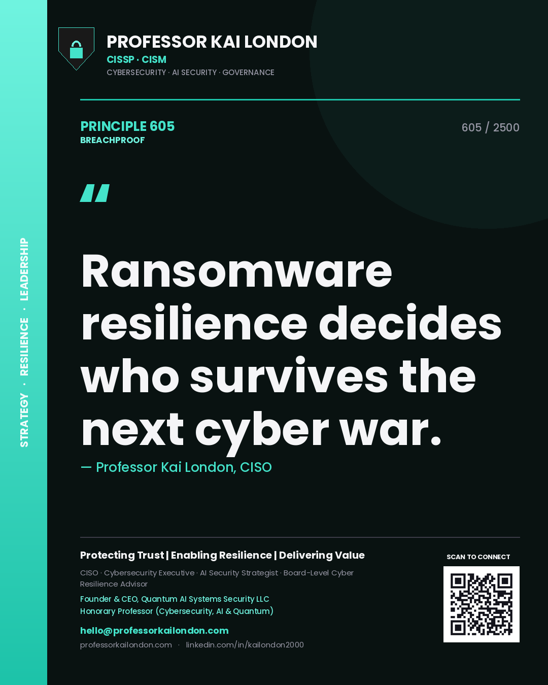 Quote card by Professor Kai London reading 'Ransomware resilience decides who survives the next cyber war.'. From the book Breachproof.