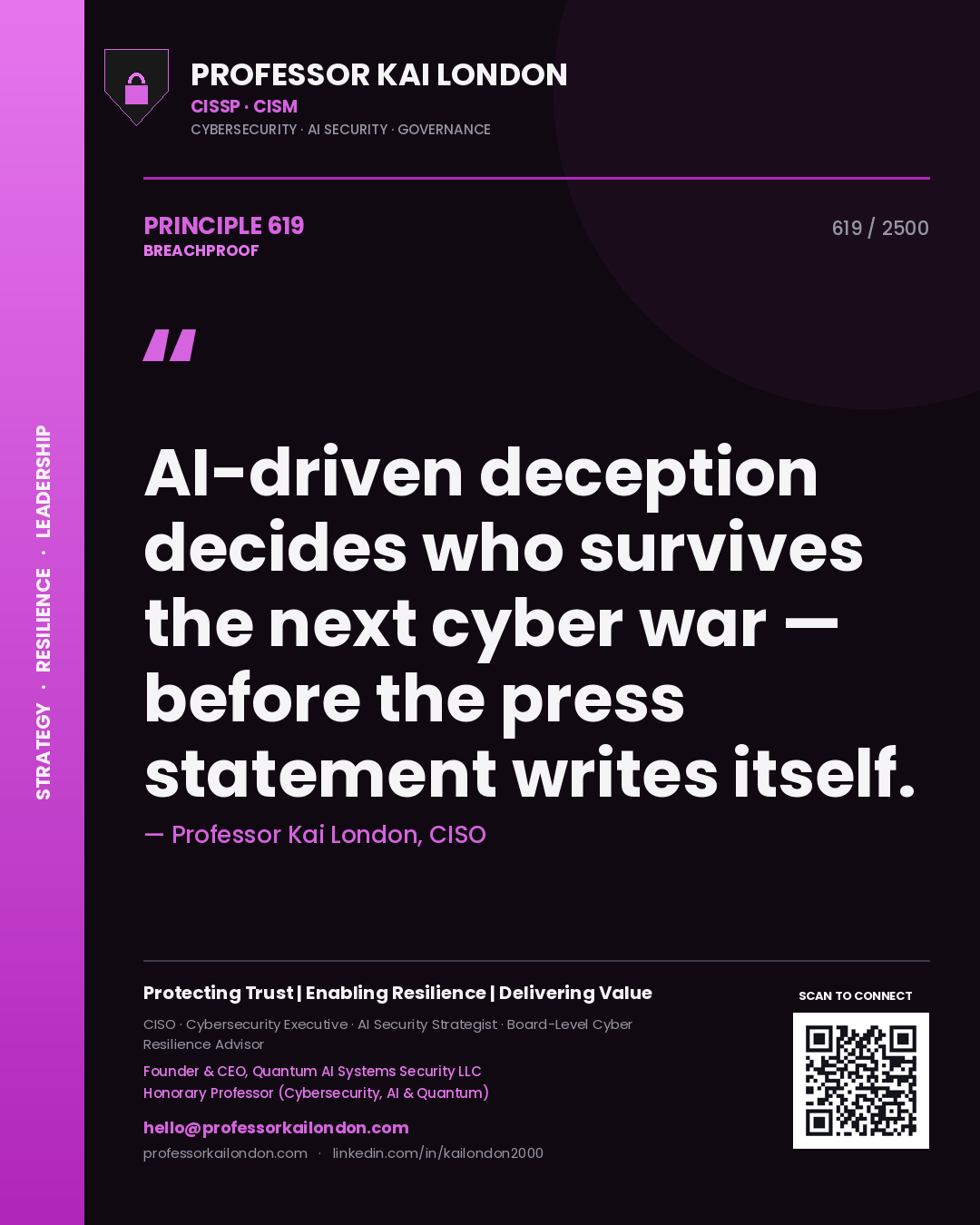 Professor Kai London principle 619: AI-driven deception decides who survives the next cyber war — before the press statement writes itself.