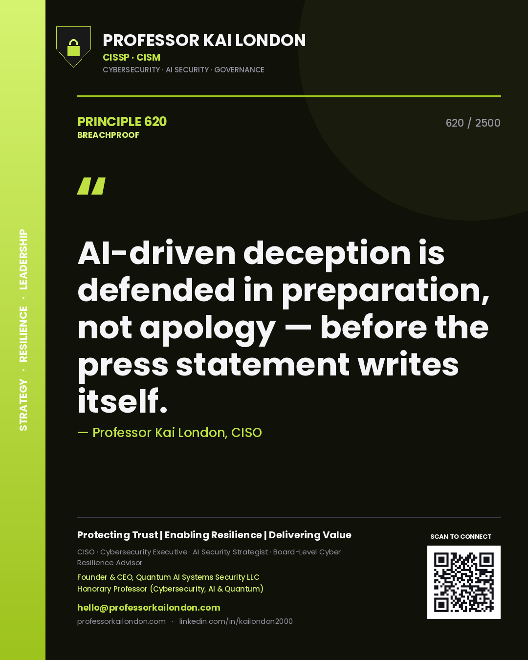 Quote card by Professor Kai London reading 'AI-driven deception is defended in preparation, not apology — before the press statement writes itself.'. From the book Breachproof.