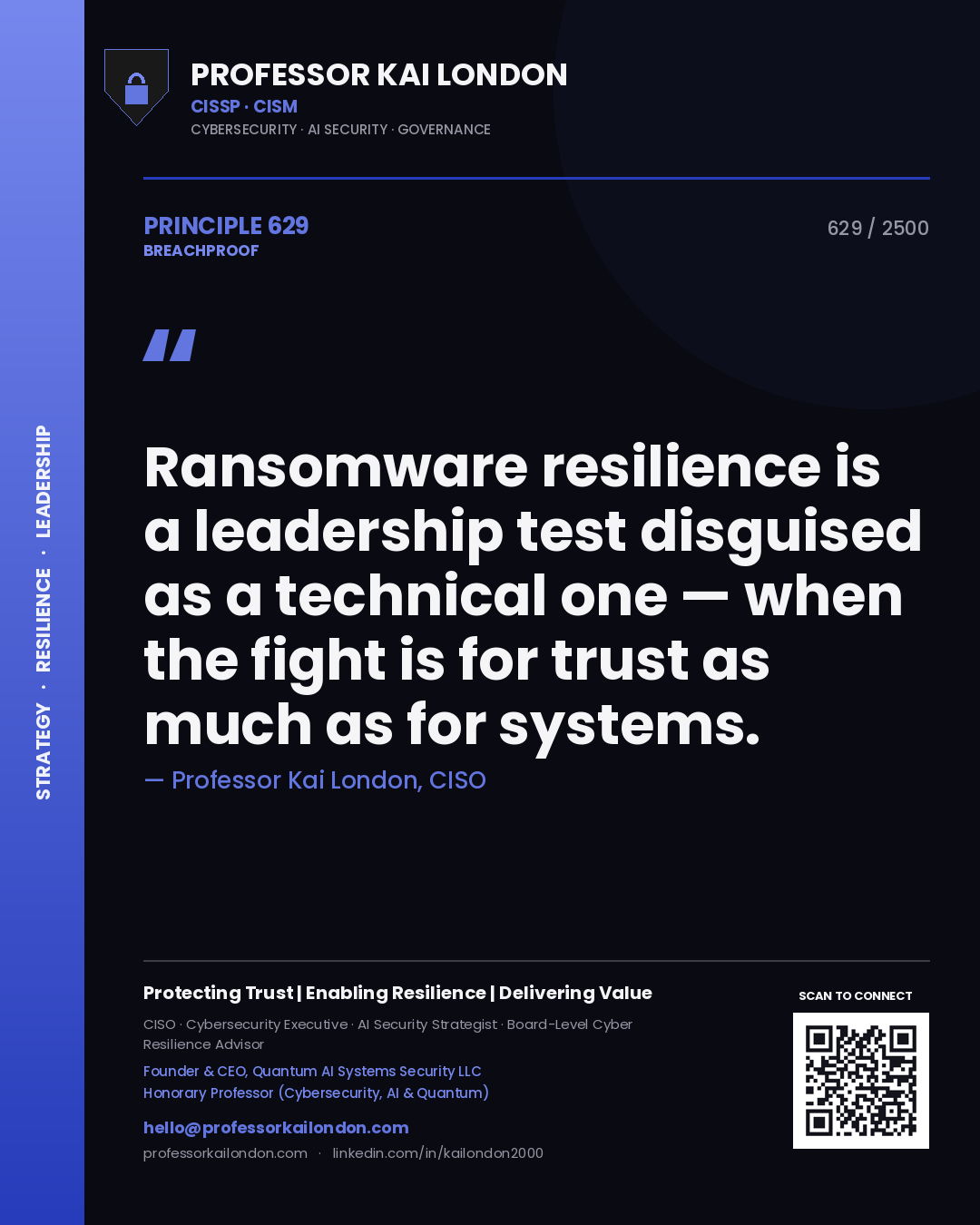 Quote card by Professor Kai London reading 'Ransomware resilience is a leadership test disguised as a technical one — when the fight is for trust as much as for systems.'. From the book Breachproof.