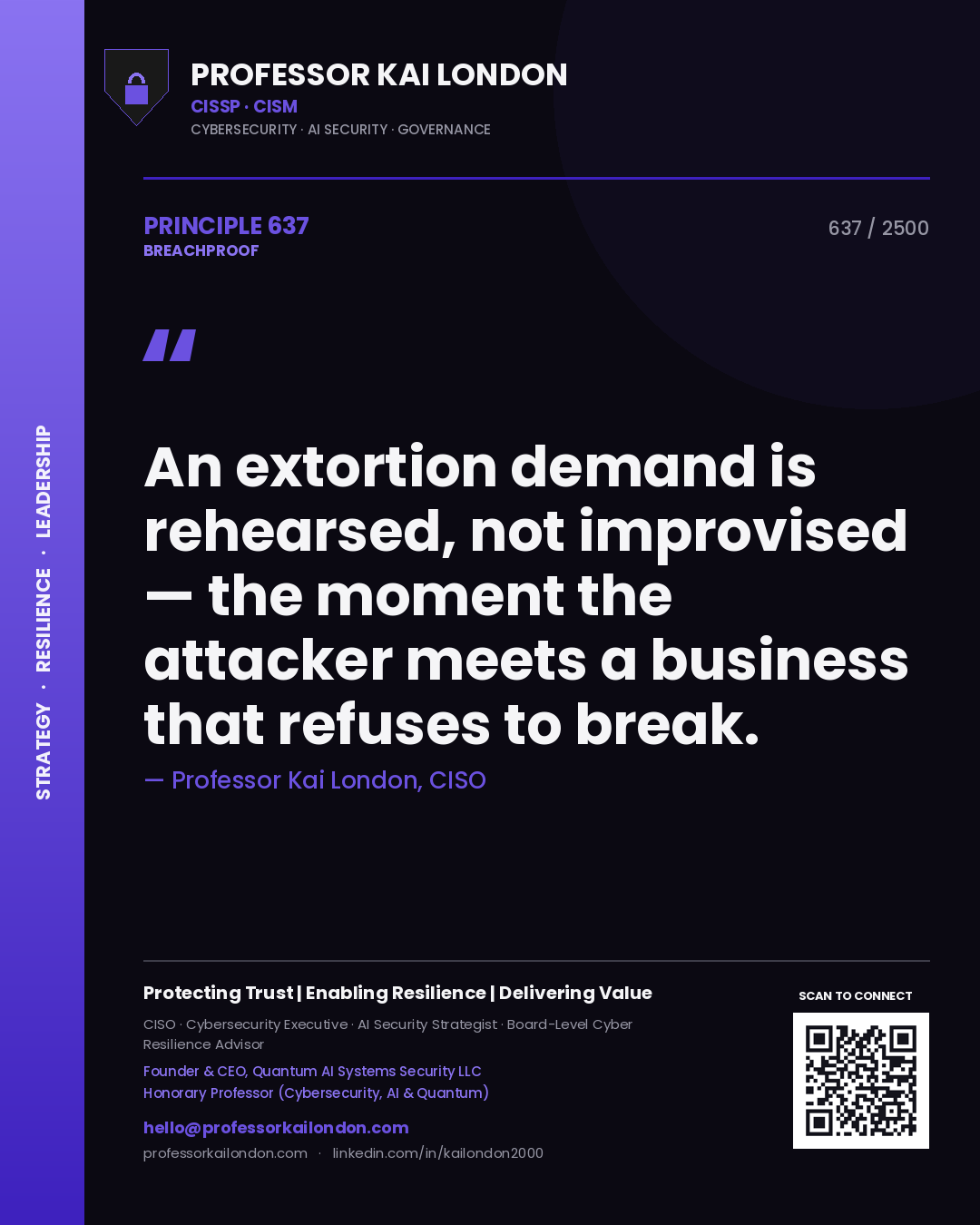 Quote card by Professor Kai London reading 'An extortion demand is rehearsed, not improvised — the moment the attacker meets a business that refuses to break.'. From the book Breachproof.