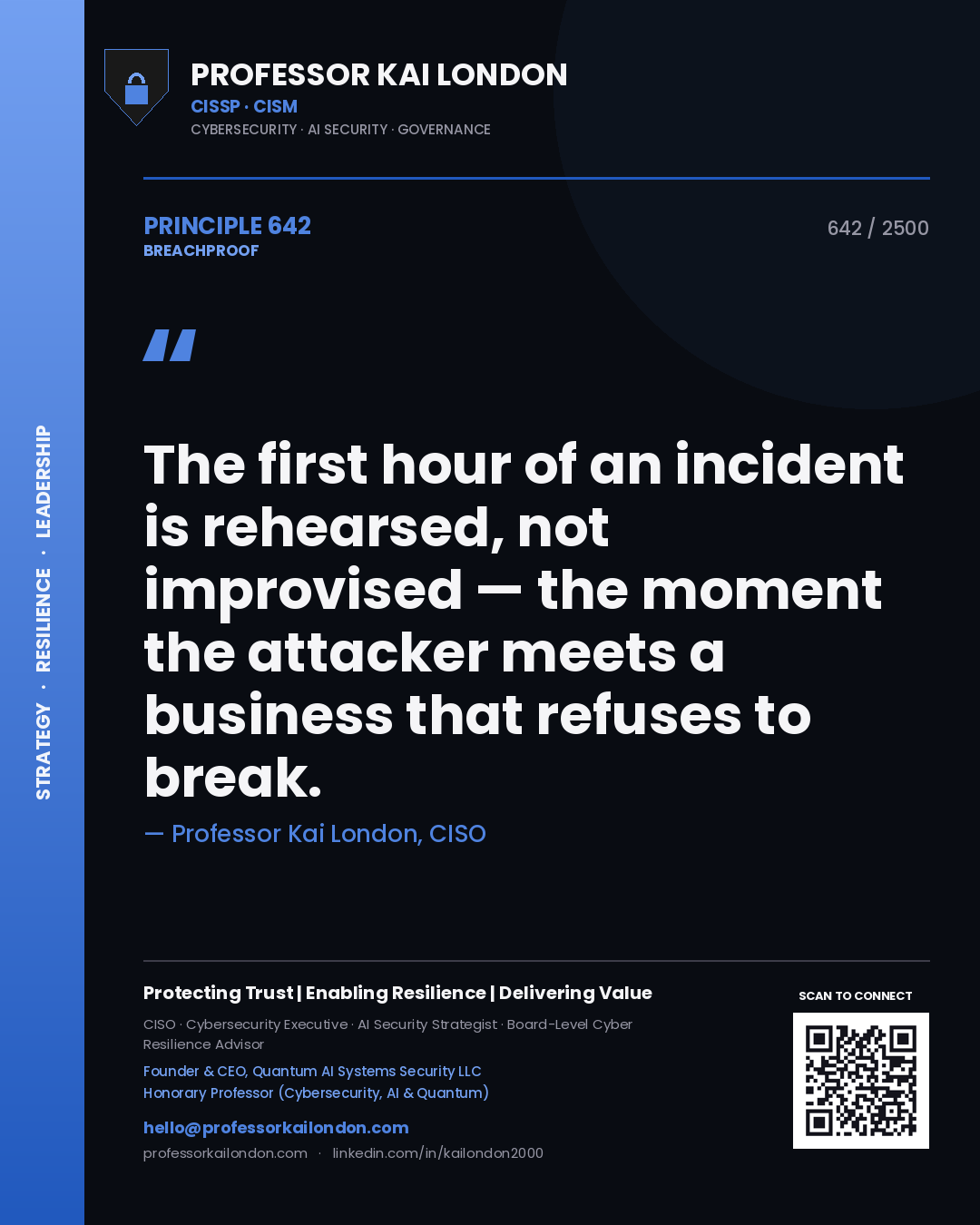 Quote card by Professor Kai London reading 'The first hour of an incident is rehearsed, not improvised — the moment the attacker meets a business that refuses to break.'. From the book Breachproof.