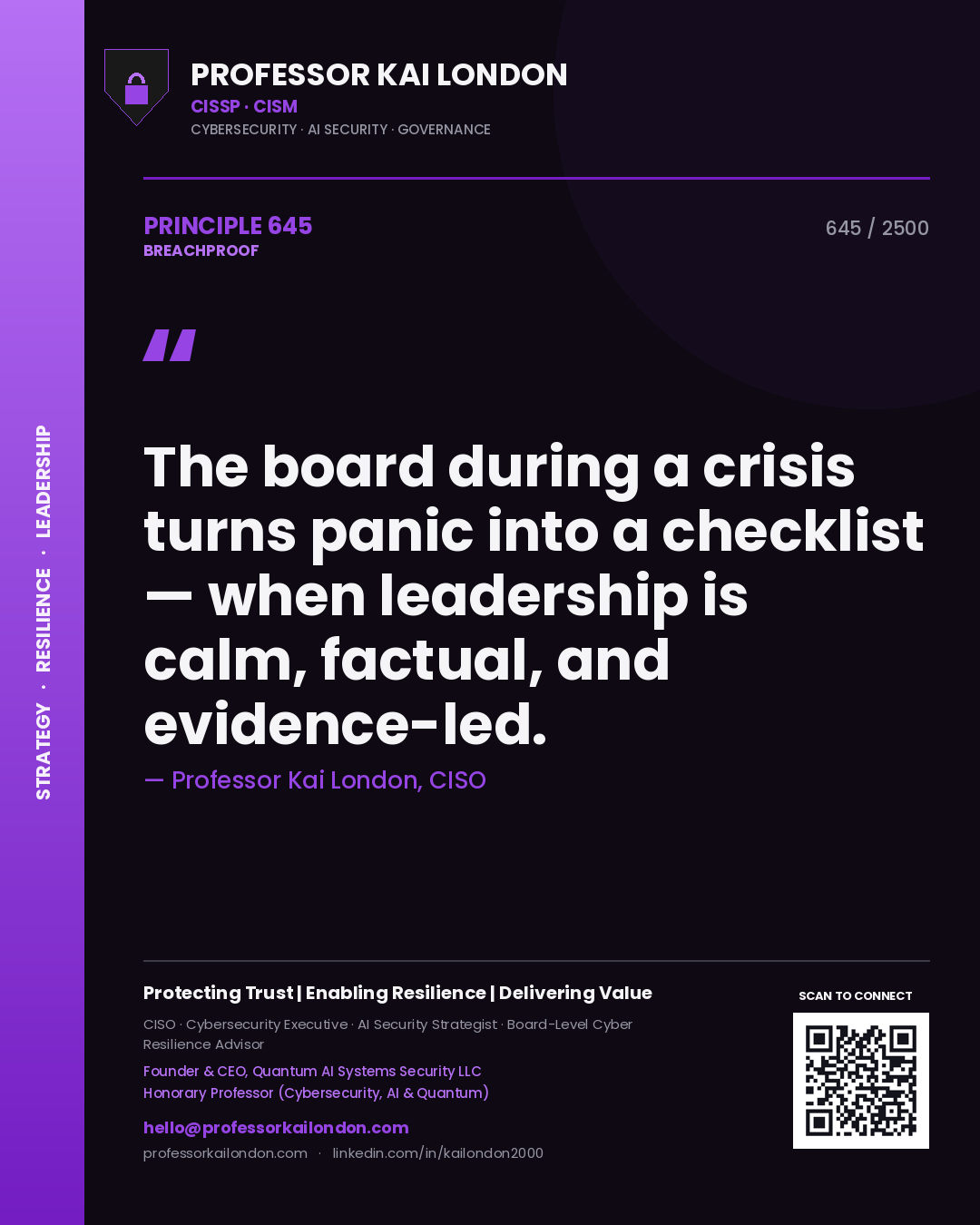 Professor Kai London principle 645: The board during a crisis turns panic into a checklist — when leadership is calm, factual, and evidence-led.