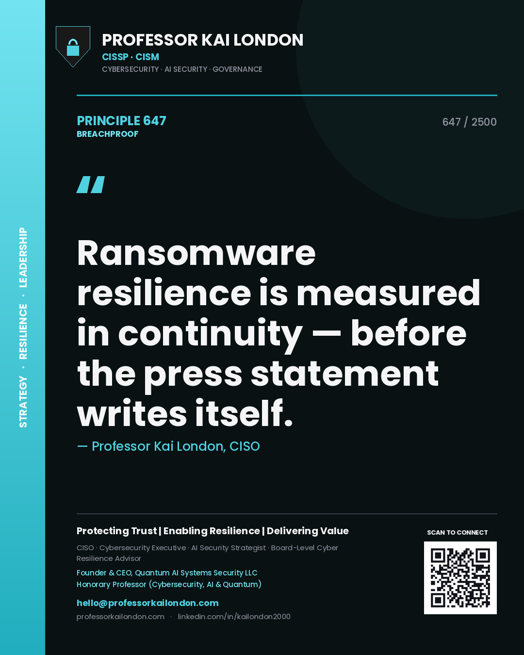 Professor Kai London principle 647: Ransomware resilience is measured in continuity — before the press statement writes itself.