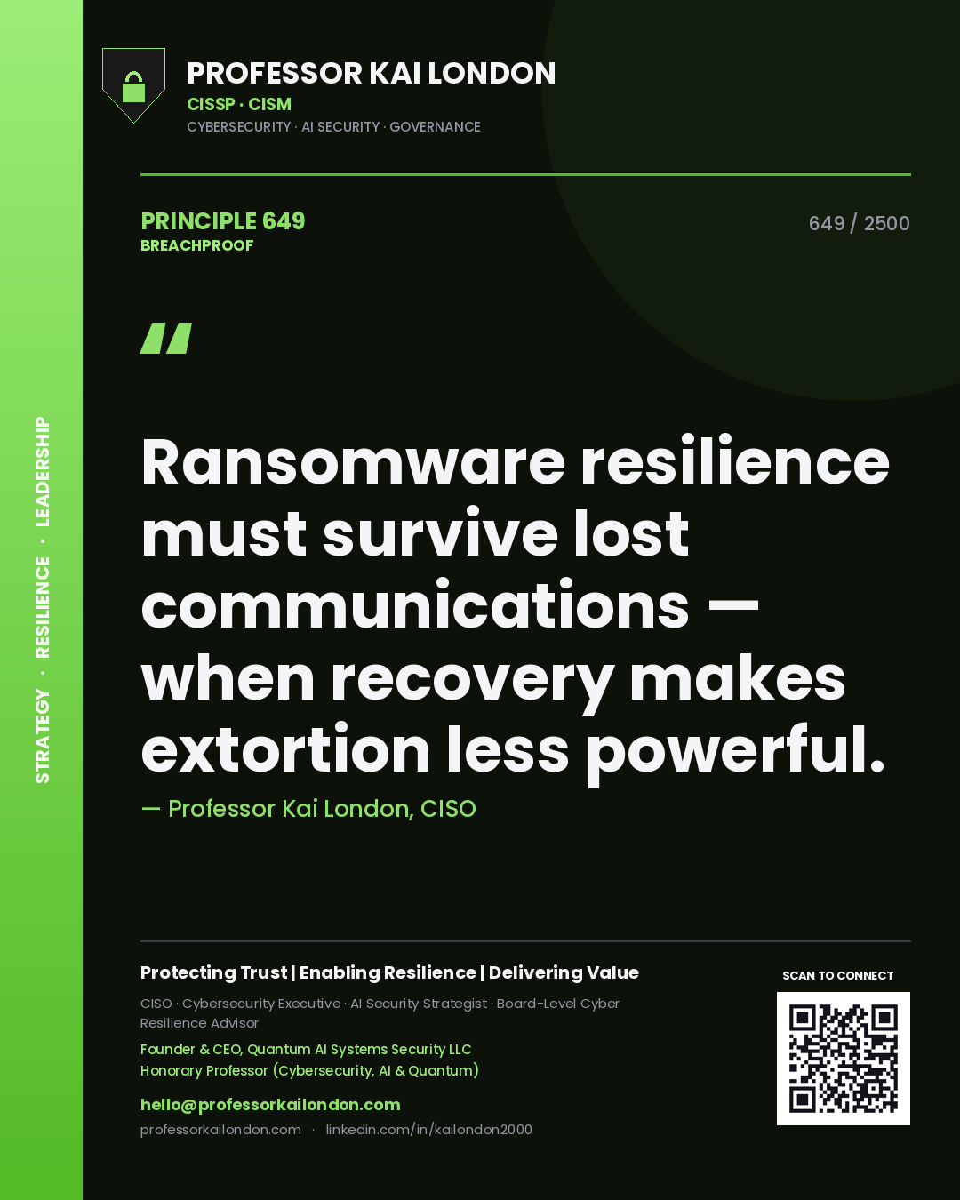 Quote card by Professor Kai London reading 'Ransomware resilience must survive lost communications — when recovery makes extortion less powerful.'. From the book Breachproof.