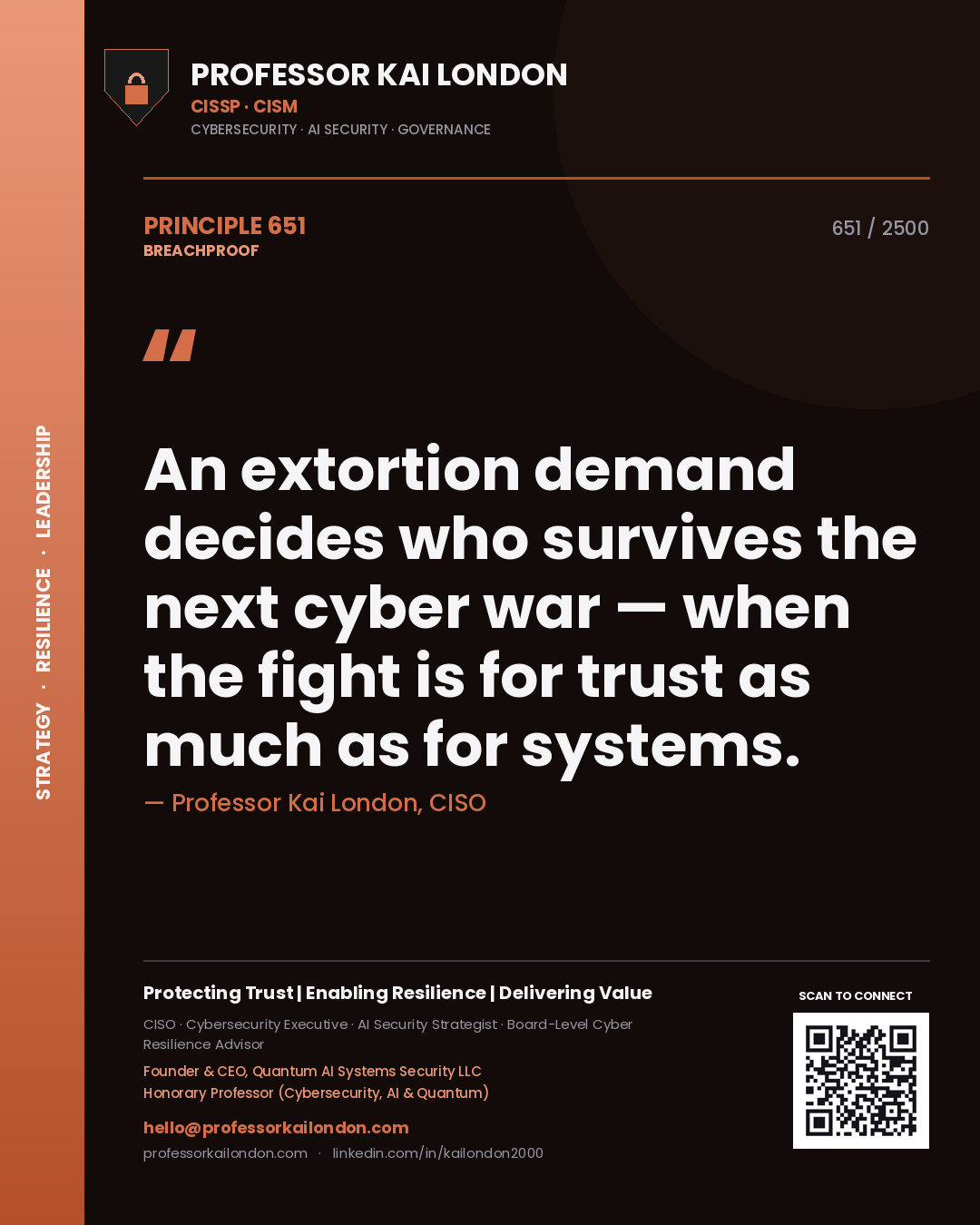 Quote card by Professor Kai London reading 'An extortion demand decides who survives the next cyber war — when the fight is for trust as much as for systems.'. From the book Breachproof.