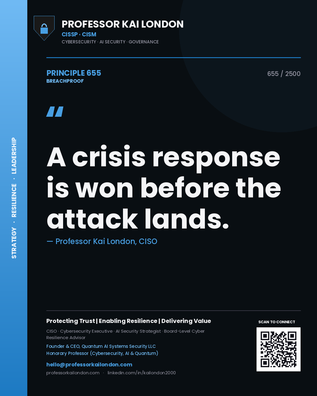 Quote card by Professor Kai London reading 'A crisis response is won before the attack lands.'. From the book Breachproof.