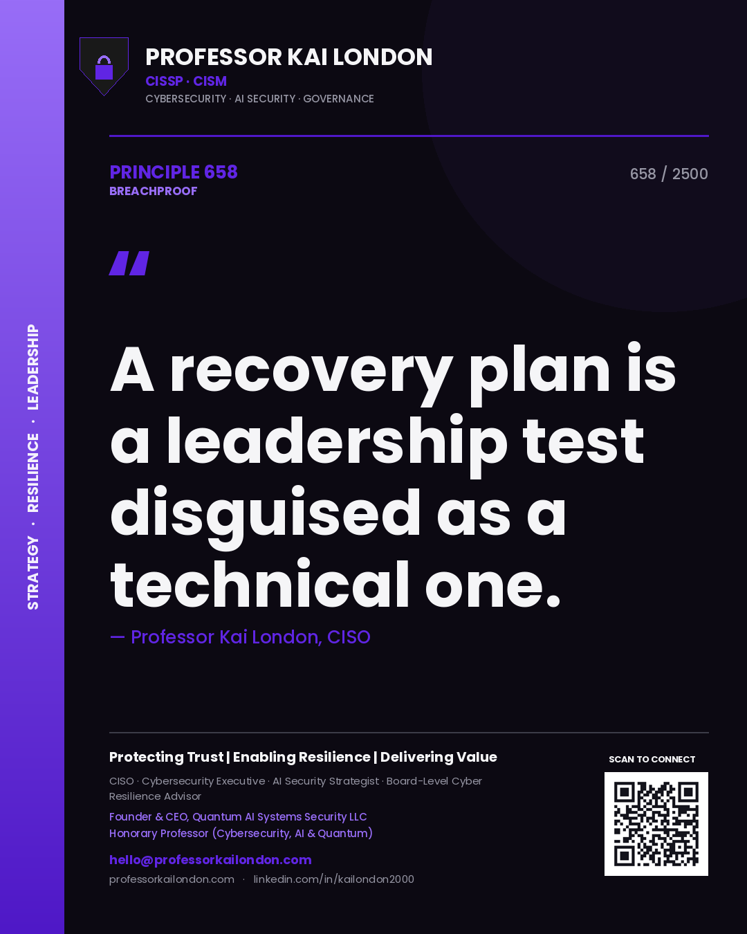 Quote card by Professor Kai London reading 'A recovery plan is a leadership test disguised as a technical one.'. From the book Breachproof.