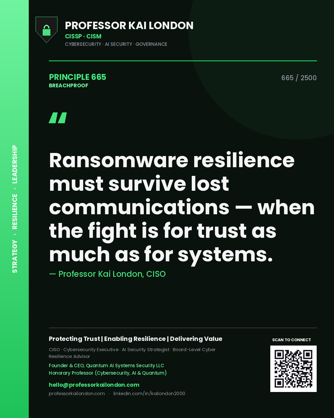 Quote card by Professor Kai London reading 'Ransomware resilience must survive lost communications — when the fight is for trust as much as for systems.'. From the book Breachproof.
