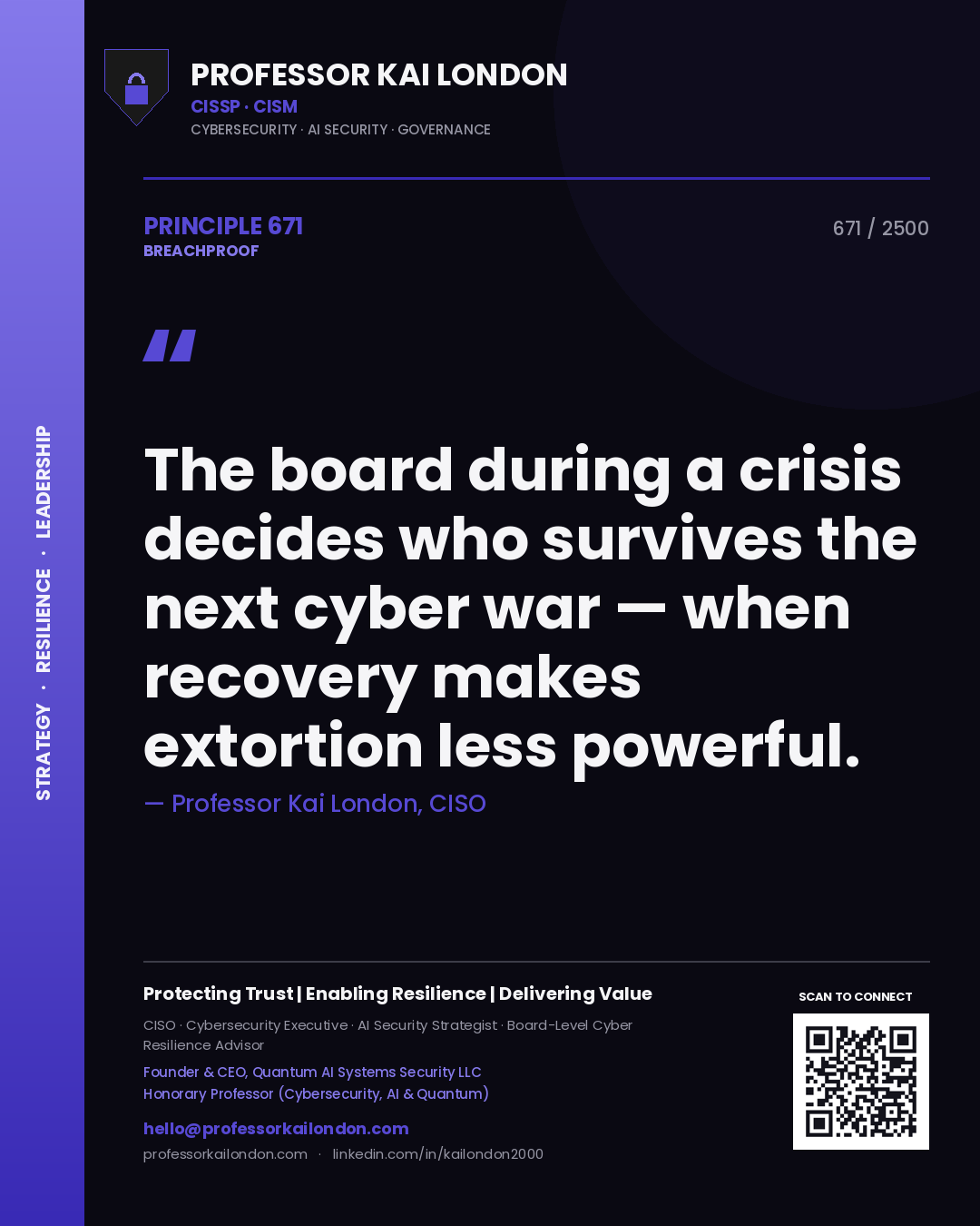 Quote card by Professor Kai London reading 'The board during a crisis decides who survives the next cyber war — when recovery makes extortion less powerful.'. From the book Breachproof.