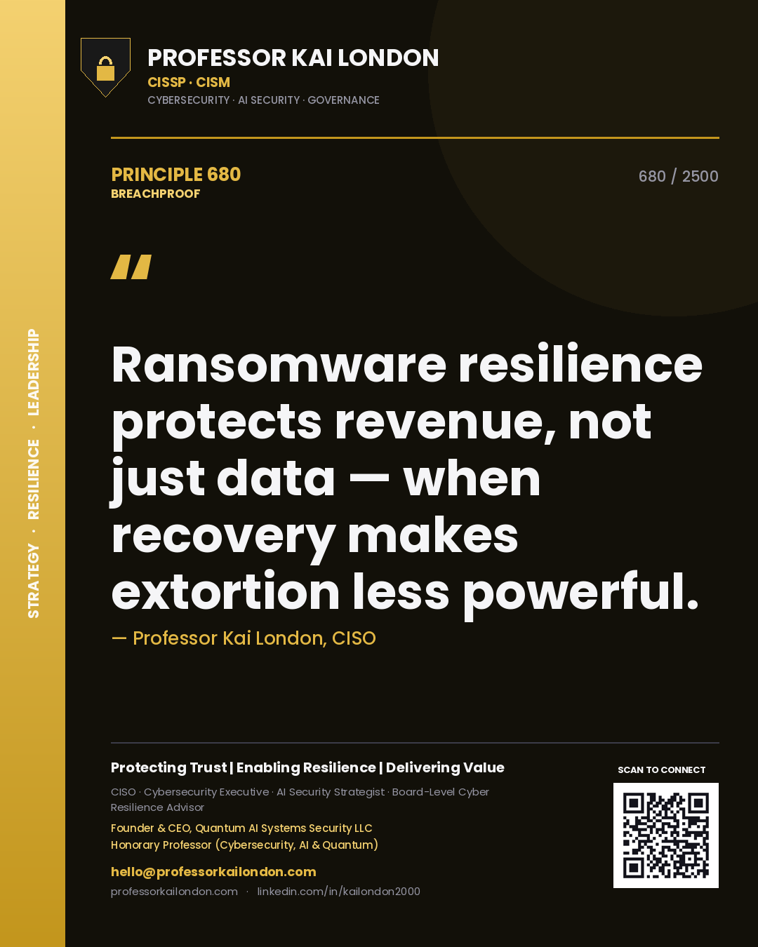 Quote card by Professor Kai London reading 'Ransomware resilience protects revenue, not just data — when recovery makes extortion less powerful.'. From the book Breachproof.