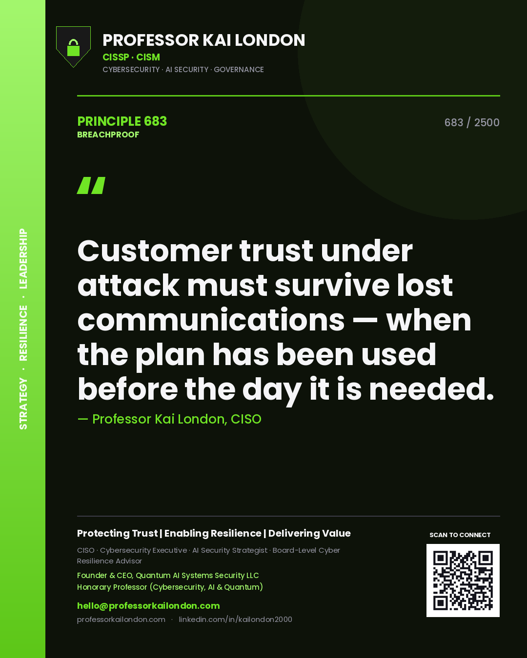 Quote card by Professor Kai London reading 'Customer trust under attack must survive lost communications — when the plan has been used before the day it is needed.'. From the book Breachproof.