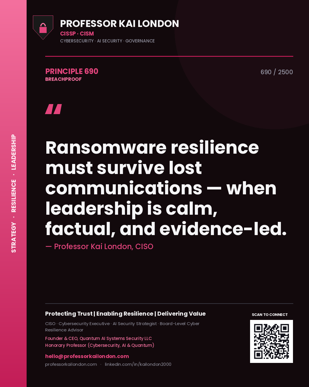 Quote card by Professor Kai London reading 'Ransomware resilience must survive lost communications — when leadership is calm, factual, and evidence-led.'. From the book Breachproof.